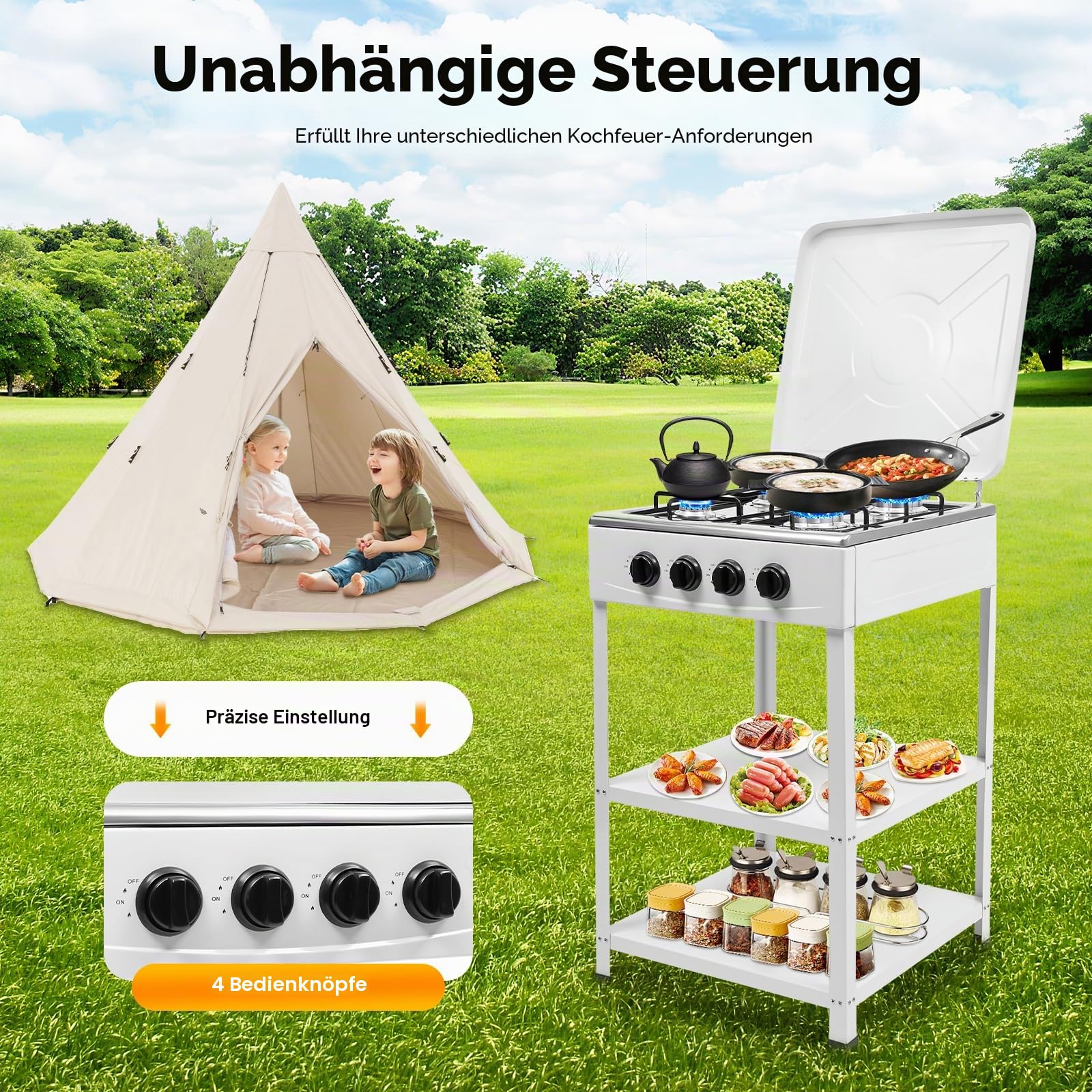 Gaskochfeld 4 Flammen, Campingkocher, Freistehender Naturgasherd mit Doppelten Ablageflächen, Camping Gaskocher mit Deckel, Tragbarer Campingofen für Camping Outdoor Wohnmobil (Weiß)
