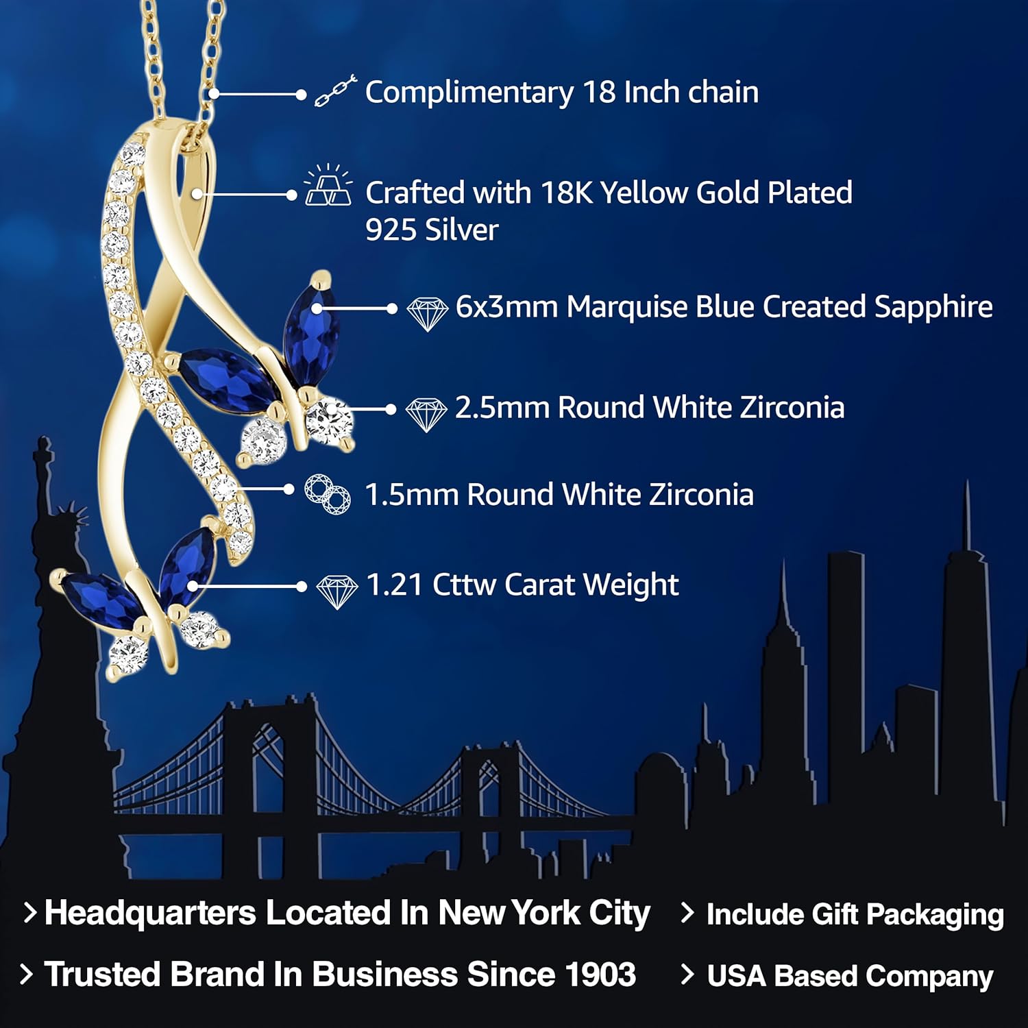 Gem Stone King 18K Yellow Gold Plated Silver Marquise Blue Created Sapphire Butterfly Pendant Necklace For Women (1.21 Cttw, with 18 inch Chain) - Image 2