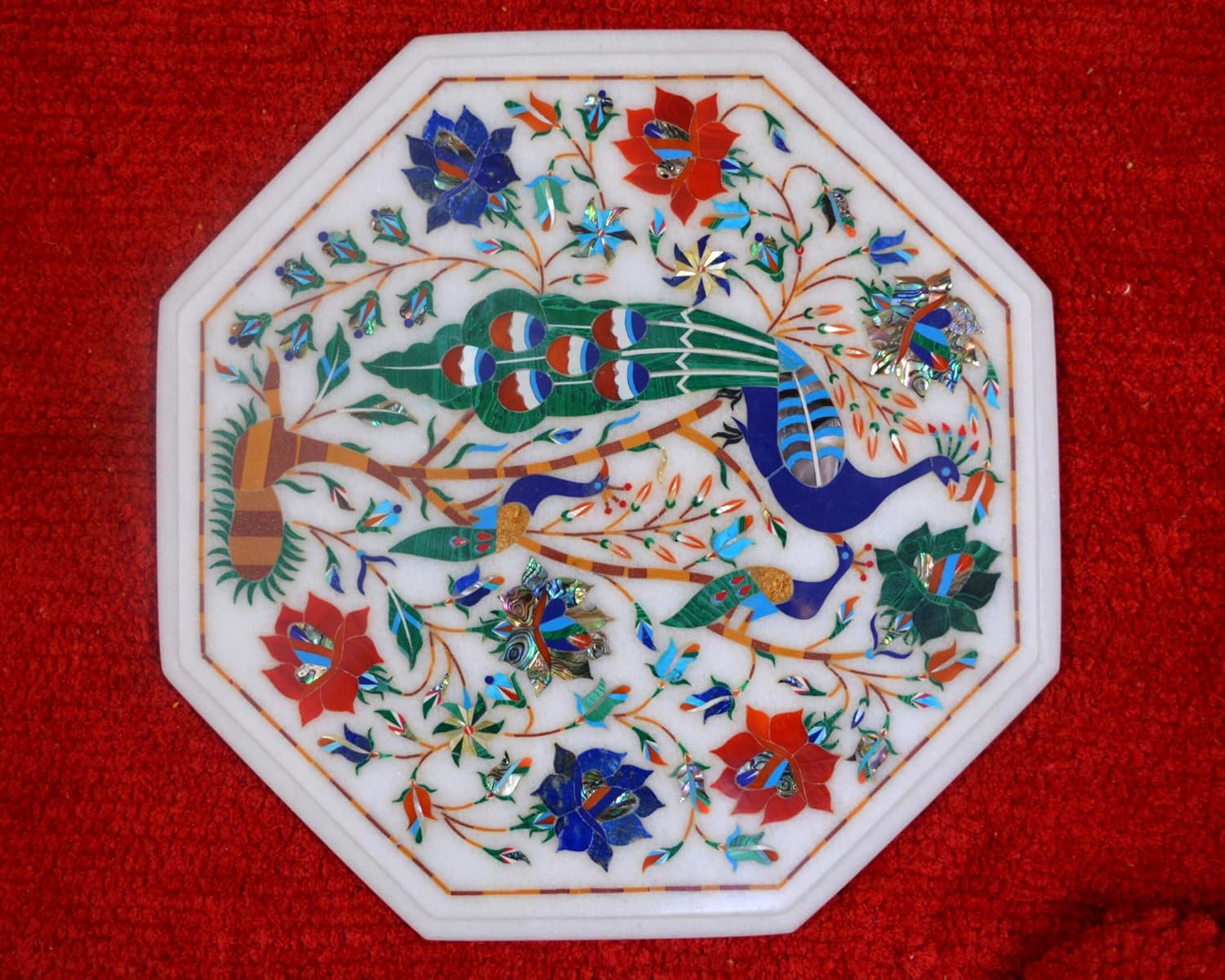 Marble Inlay Pietra Dura Table Top 12inch - White Marble Octagon Shape Coffee Table Top Inlaid with Semi Precious Stones Handmade Rose Floral and Peacock Pattern Table Art for Home Decor Furniture