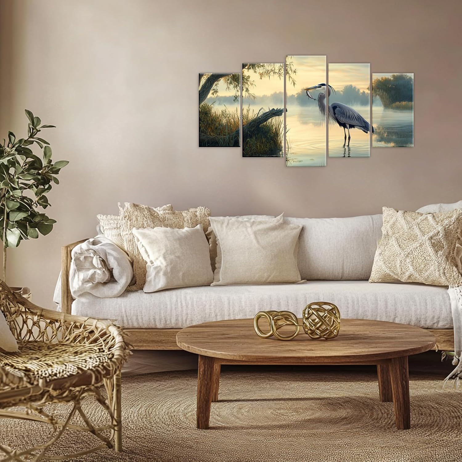 Heron Canvas Wall Art 5 Panel Egret Fishing Painting Print Coastal Animal Pictures Wall Decor Framed For Living Room Bedroom Home(Artwork-1,8x14inx2 8x18inx2 8x22inx1)