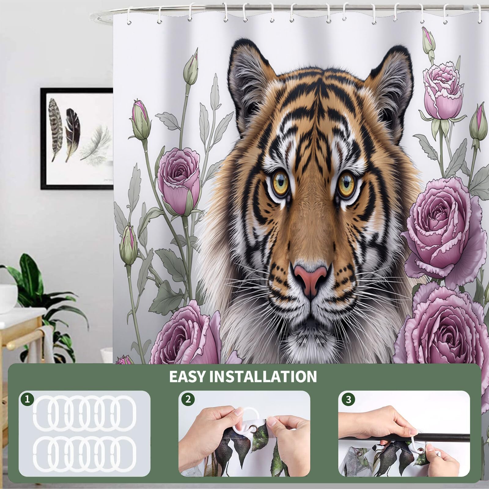 Rideau Douche,Rideau Baignoire Lavable en Machine Rideaux Douche Tissus Lavable Rideau De Baignoire Lavable pour Salle De Bain Domicile Baignoire Famille,Rose Tigre,