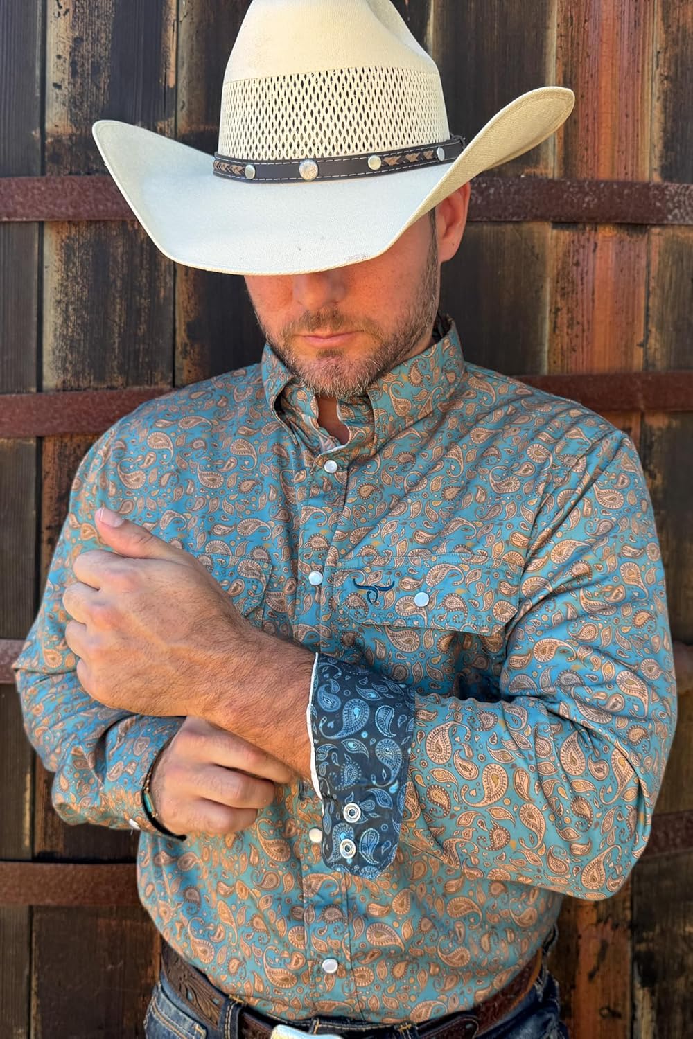 Drover Cowboy Threads Men's Long Sleeve, Signature Series Performance Vent Shirt Buckeye