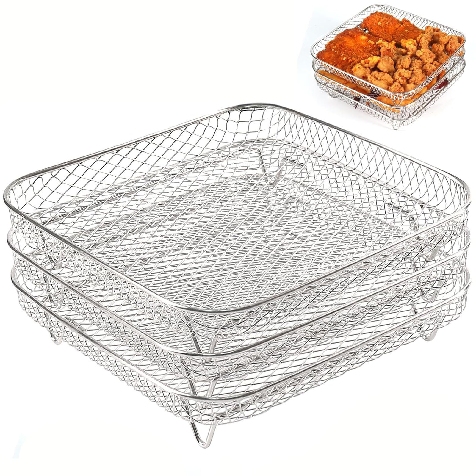 3 Stück Quadrat Air Fryer Rack, 304 Edelstahl Luftfritteuse Korb Tray, Air Fryer Racks, 20CM Stapelbar Airfryer Korb Tray, Heißluftfritteuse Zubehör Dehydrator Rack, Double Drawer Fryers