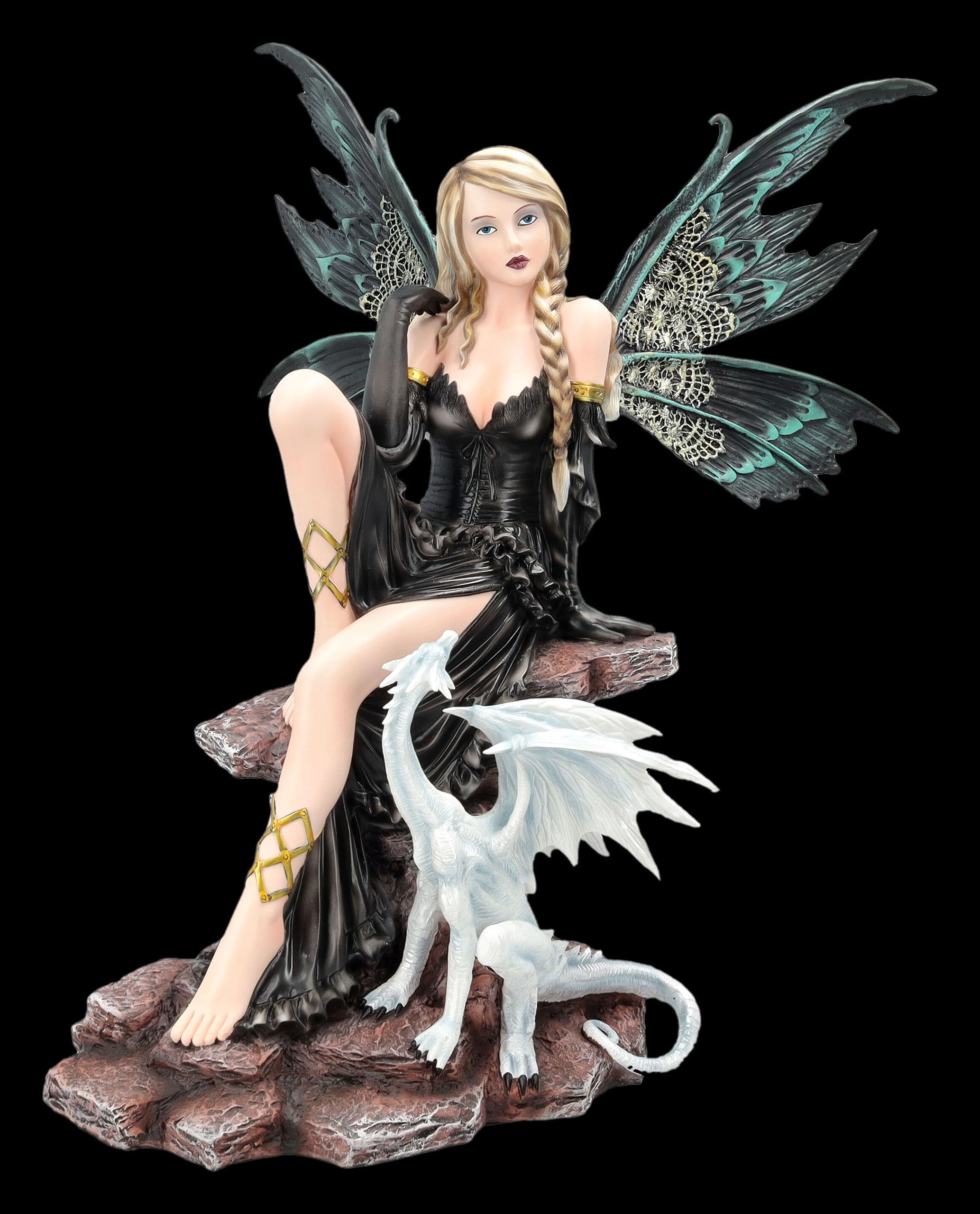 Figuren Shop GmbH Elfenfigur Nyra die Schattenelfe mit Drache – handbemalte Fantasy-Deko (43 cm) – Tales of Aurelion Collection – Mystische Geschenkidee für Elfen- & Drachen-Fans