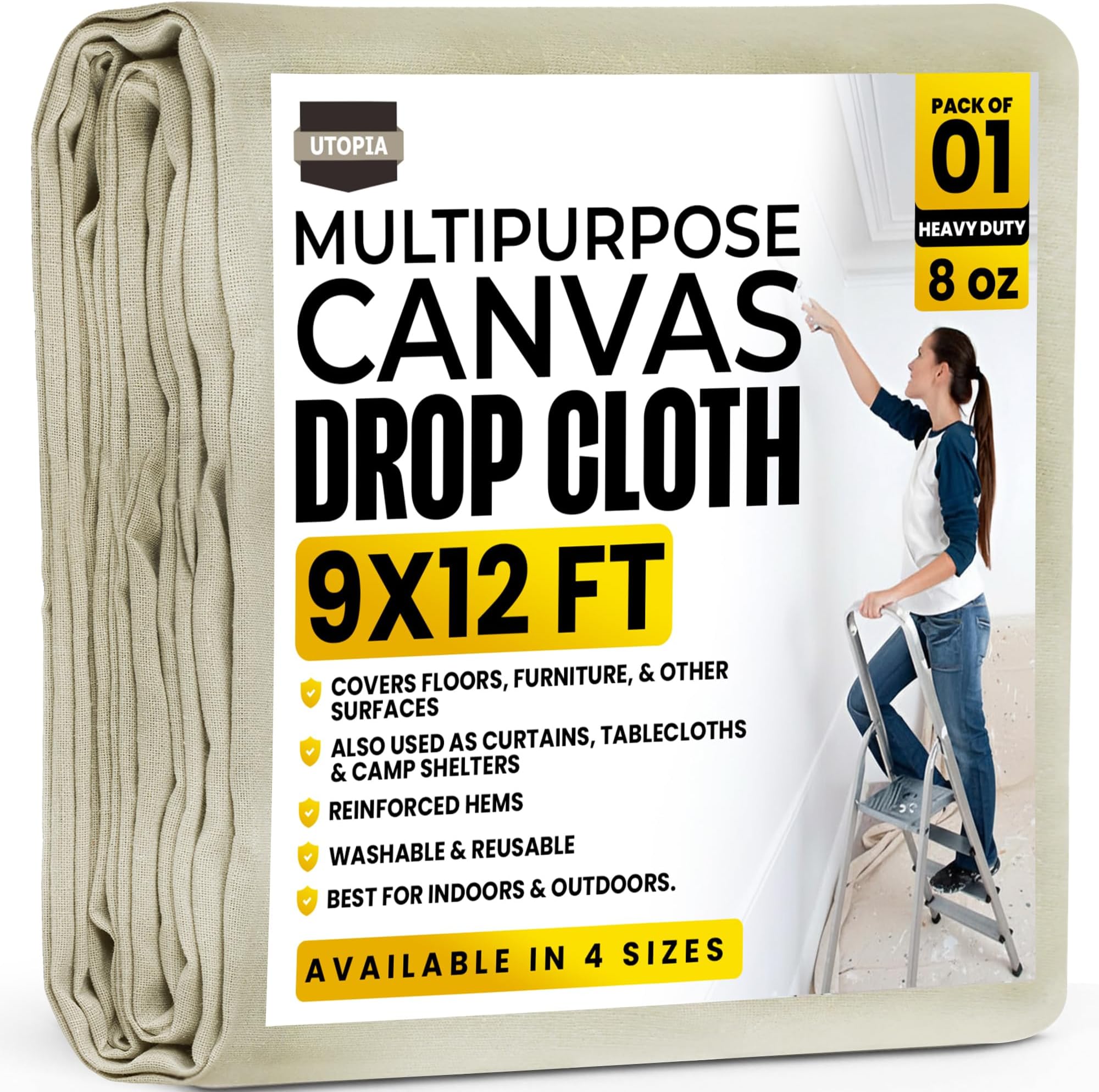 Utopia Home Drop Cloth for Painting (9x12 ft, 1 Pack) Washable and Reusable Canvas Fabric for Furniture & Floor Protection Highly Absorbent Paint Cover - Duck Dropcloth for Outdoor and Indoor Use