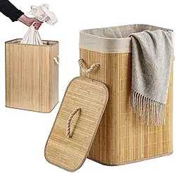 Vittak Cesto de Roupa Suja Bambu 70 LITROS Lavanderia com Tampa Retangular Forrado Quarto Banheiro Dobrável