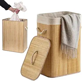 Vittak Cesto de Roupa Suja Bambu 70 LITROS Lavanderia com Tampa Retangular Forrado Quarto Banheiro Dobrável