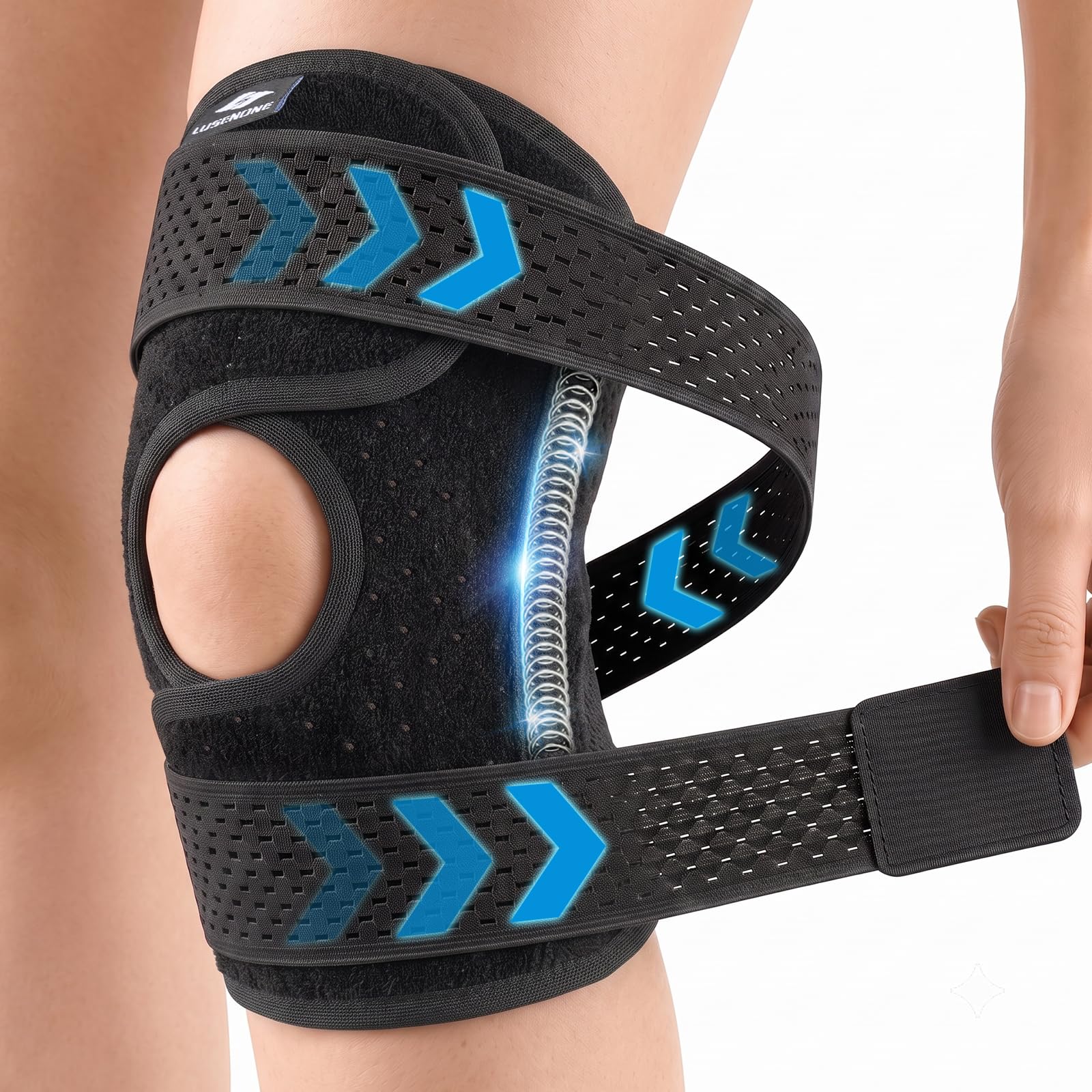 Lusenone Kniebandage für Damen Männer, Verstellbare Kniestütze mit Seitenstabilisatoren & Riemen, Kompressions Bandage Knie for Meniskusriss, Arthrose, ACL, Knieschmerzen, Laufen, Joggen, Sport