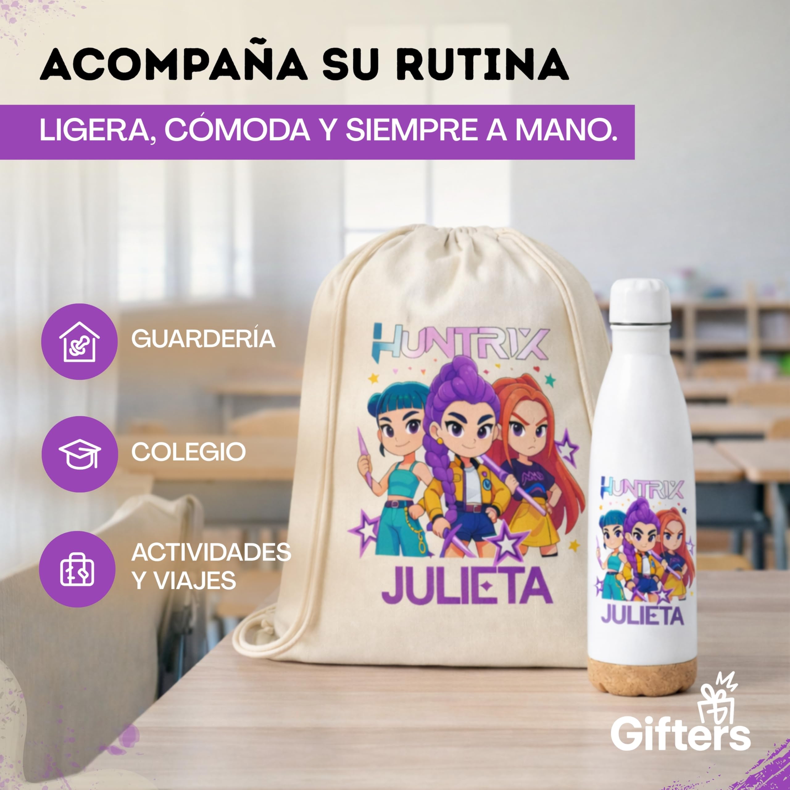 Pack Mochila de Cuerdas y Botella Personalizadas KPOP con Nombre Bolsa tela 34x42 cm Botella Acero Inox 750 ml