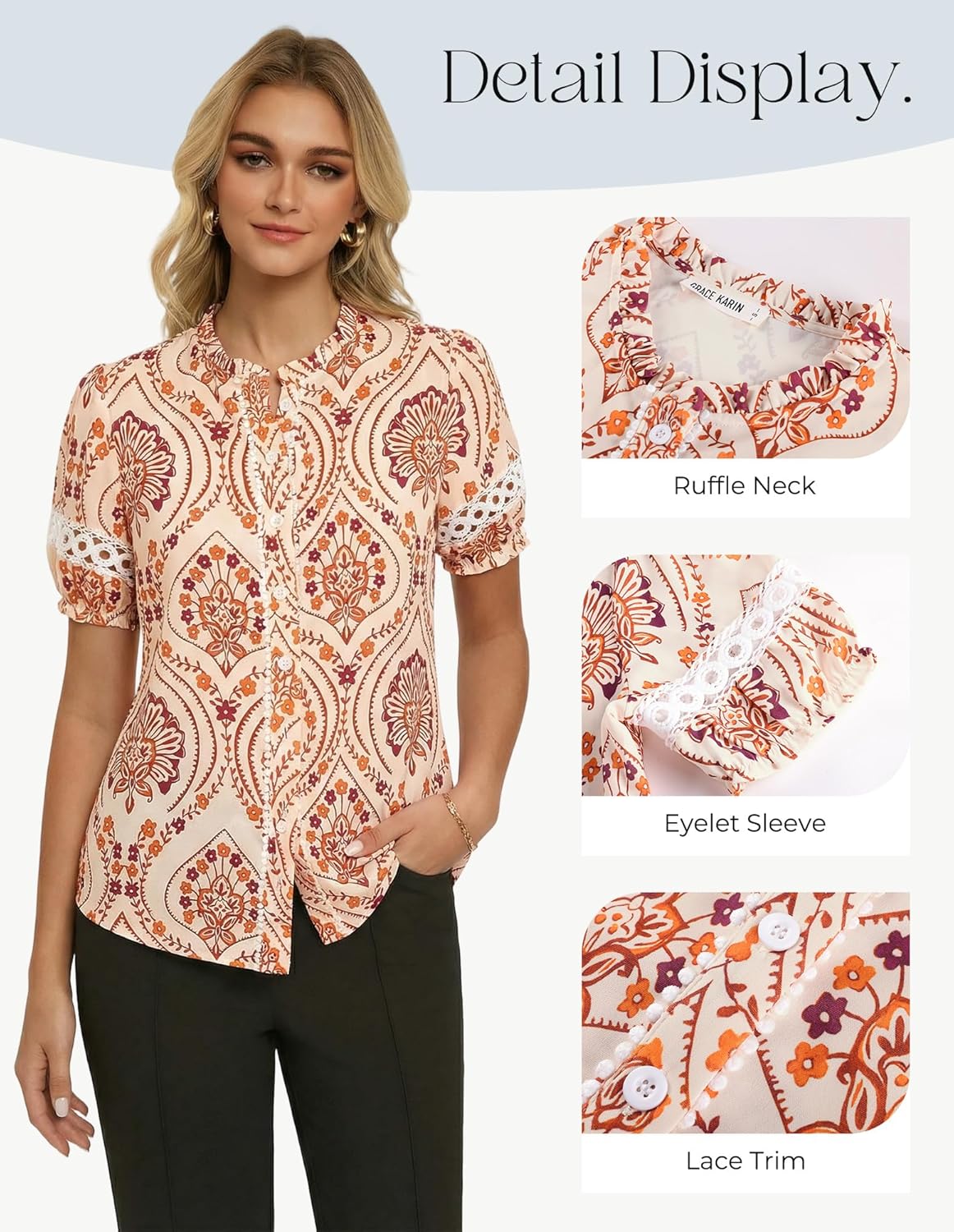 GRACE KARIN Women Boho Floral Tops, Summer Short Eyelet Sleeve Dressy Casual Shirts, Spring Button Down Blouse 2026 Trendy - Image 4