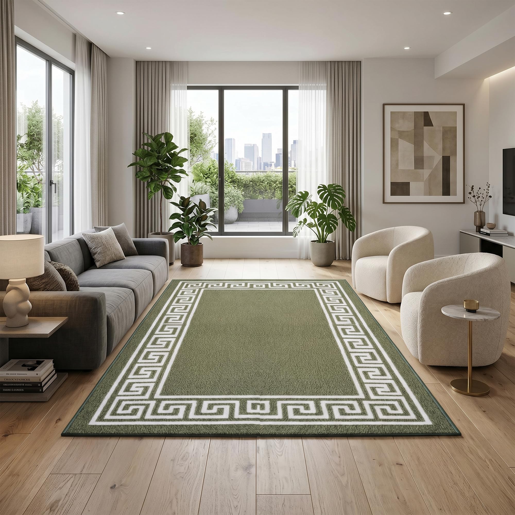 Rugs Haven - Elysia Large Area Rug Carpet Washable Non-Slip Soft Modern Indoor Floor Rug for Living Room, Bedroom, Hallway, Lounge (Green &Cream, 120x170cm)