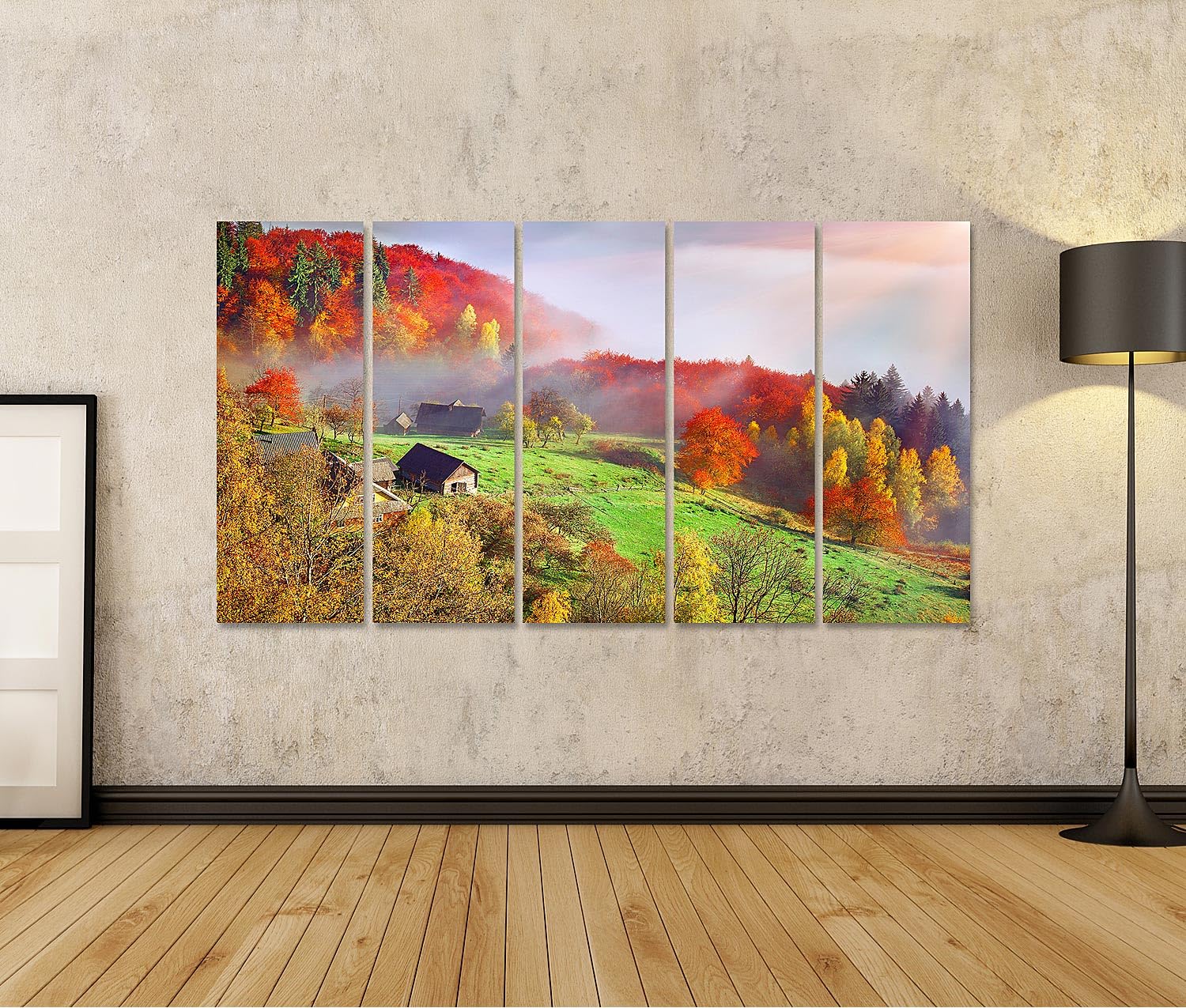 islandburner Primer cuadro sobre lienzo paisaje de otoño con niebla y árboles coloridos por la mañana cuadros murales carteles