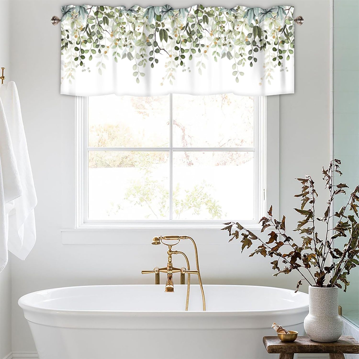 Sage Green Eucalyptus Leaves Curtain Valance for Windows 4 Pack Watercolor Window Treatments Short Curtains for Kitchen Windows Bathroom Bedroom,54 x 18 Inch