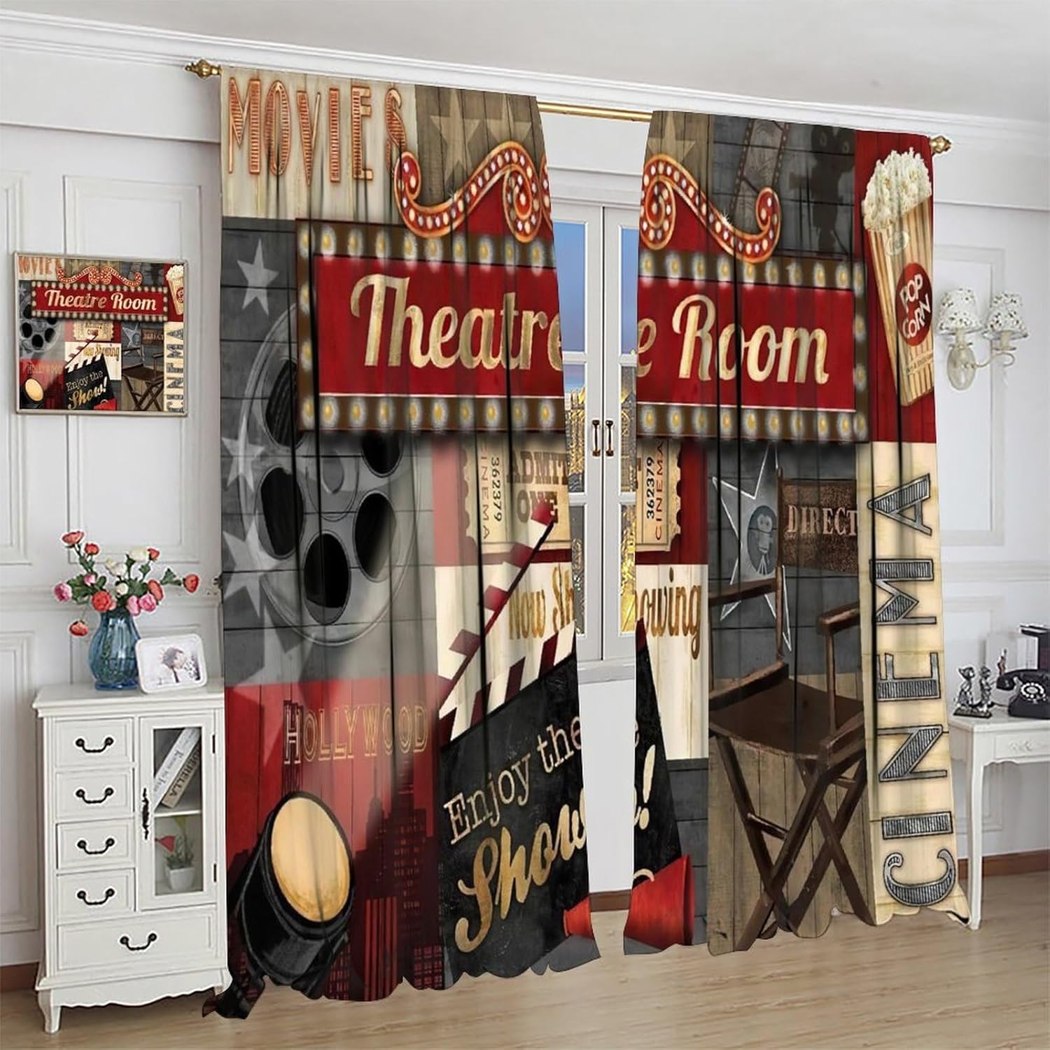 Vintage Home Theater Curtain Red Cinema Movie Theater Home Decor Blackout Window Treatment for Home Theater Living Room Bedroom Cafe Decor Window Drapes 42" W X 63" L