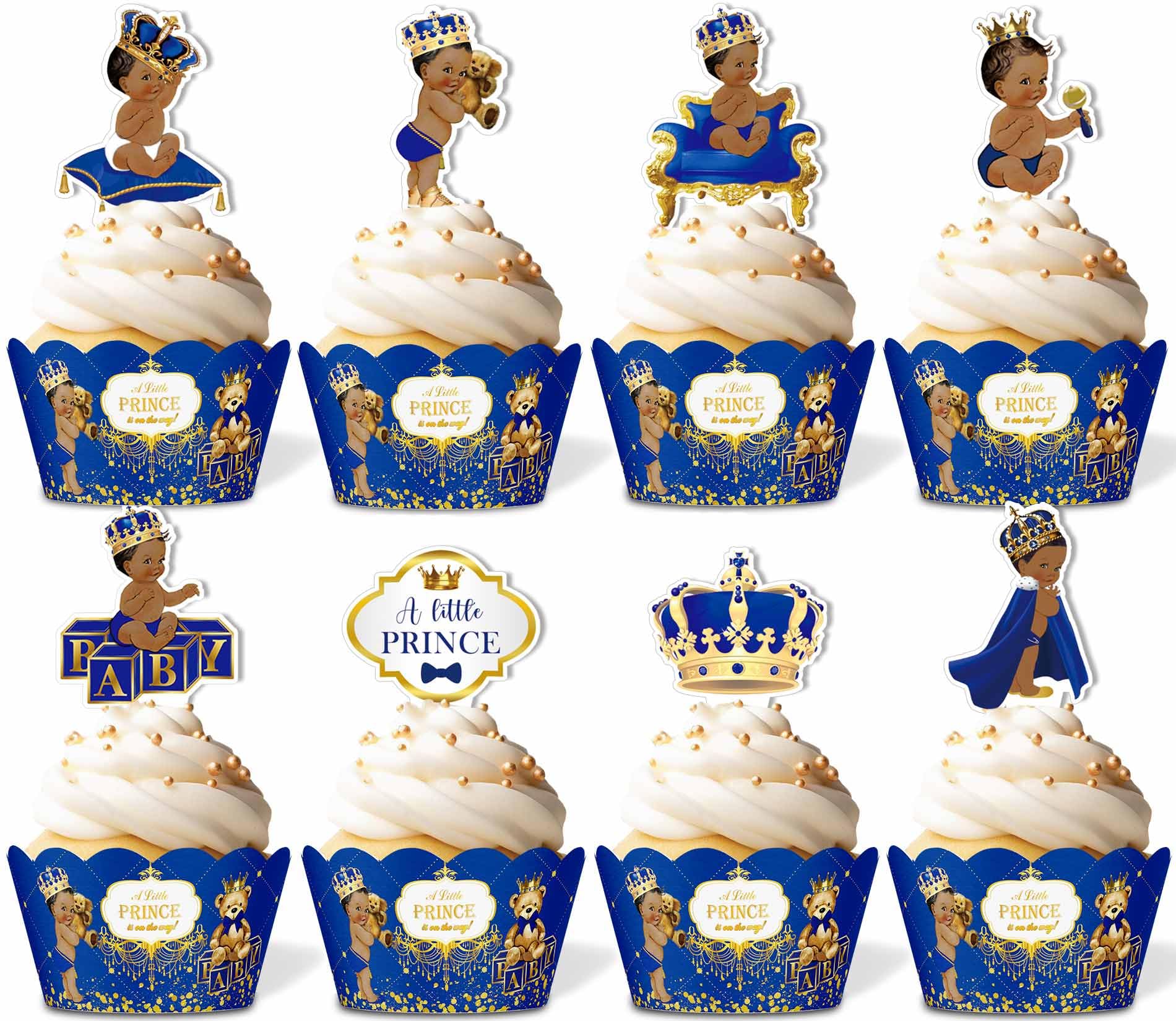 48PCS Royal Prince Cupcake Toppers and Wrappers, Little Prince Baby Shower Cupcake Decorations for Boys Kids, Royal Blue Themed Birthday Party Supplies