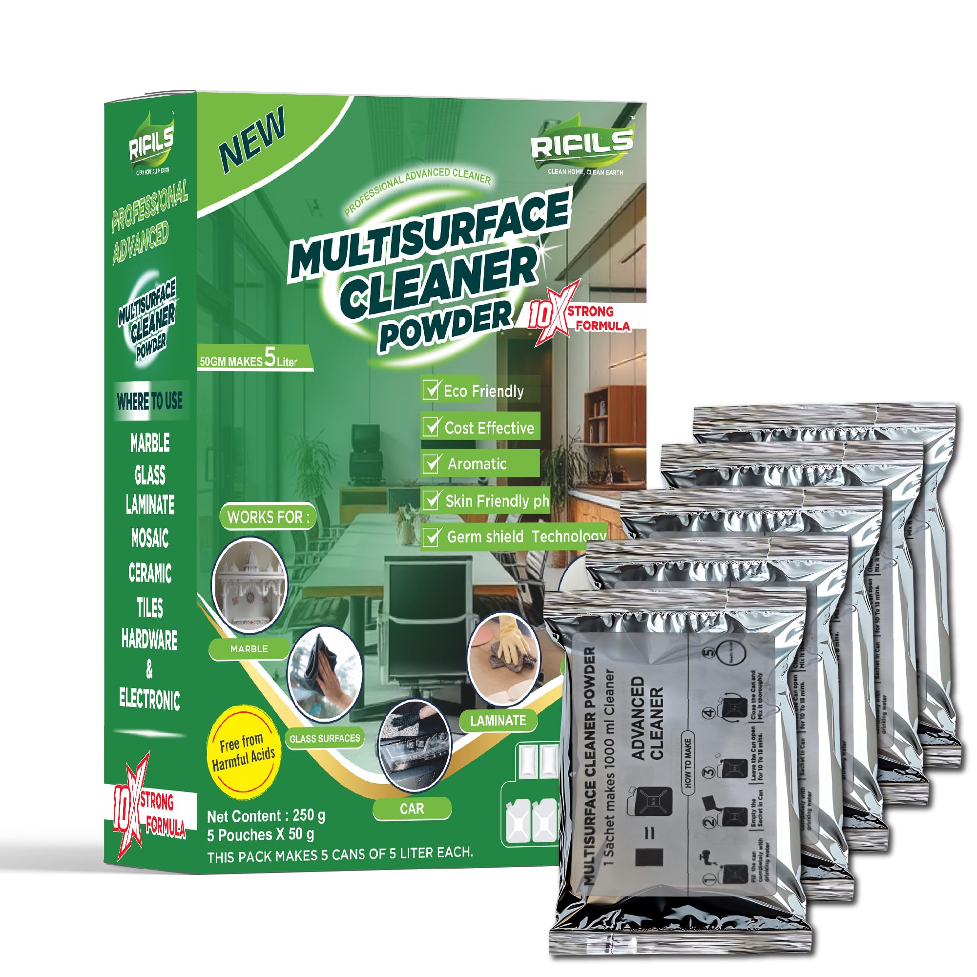 Rifils Multi Surface Cleaner Powder 5 Pouches (50g Each), Makes 5 Cans (5L Each), Cost-Effective, Ultra Cleaning Formula for Marble, Glass, Tiles, Walls & More-image-21