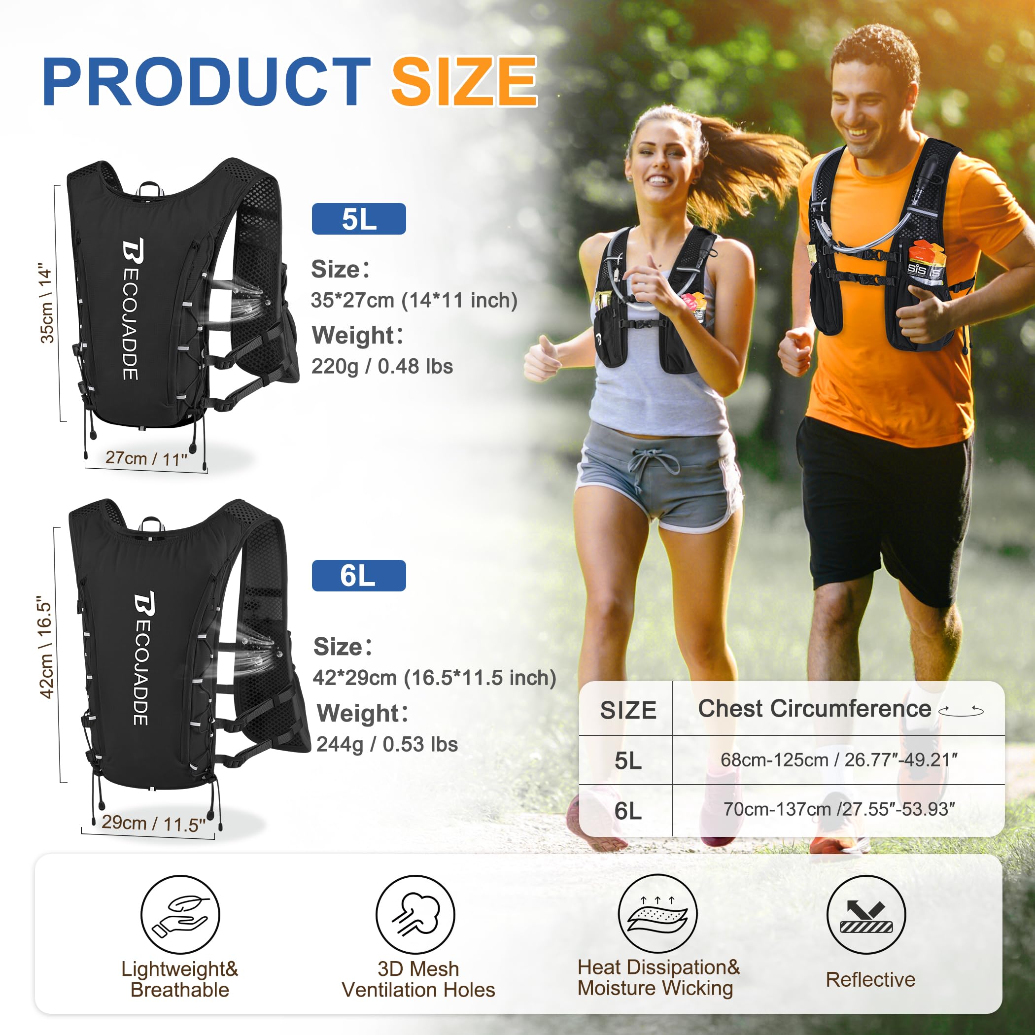BECOJADDE Gilet da corsa per uomo e donna, zaino da corsa leggero da 5 l, zaino per l'idratazione per maratona, sentiero, ciclismo, escursionismo, jogging