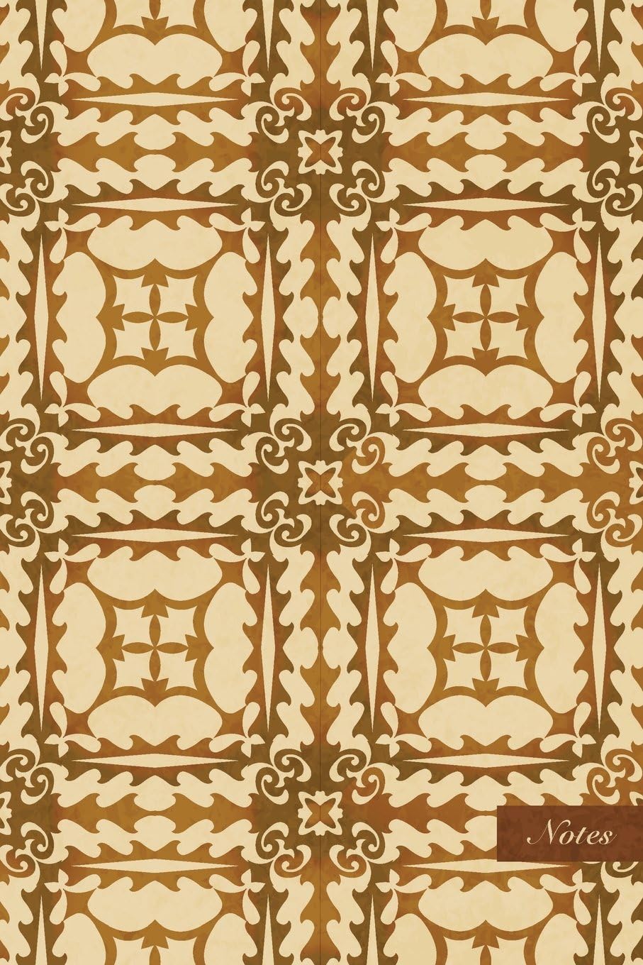 Notes: 6"x9" Unruled Blank Notebook - Curve Wave Square Frame Cross Kaleidoscope - Retro Brown Worn Out Vintage Seamless Pattern Cover. Matte Softcover And Cream Interior Papers.