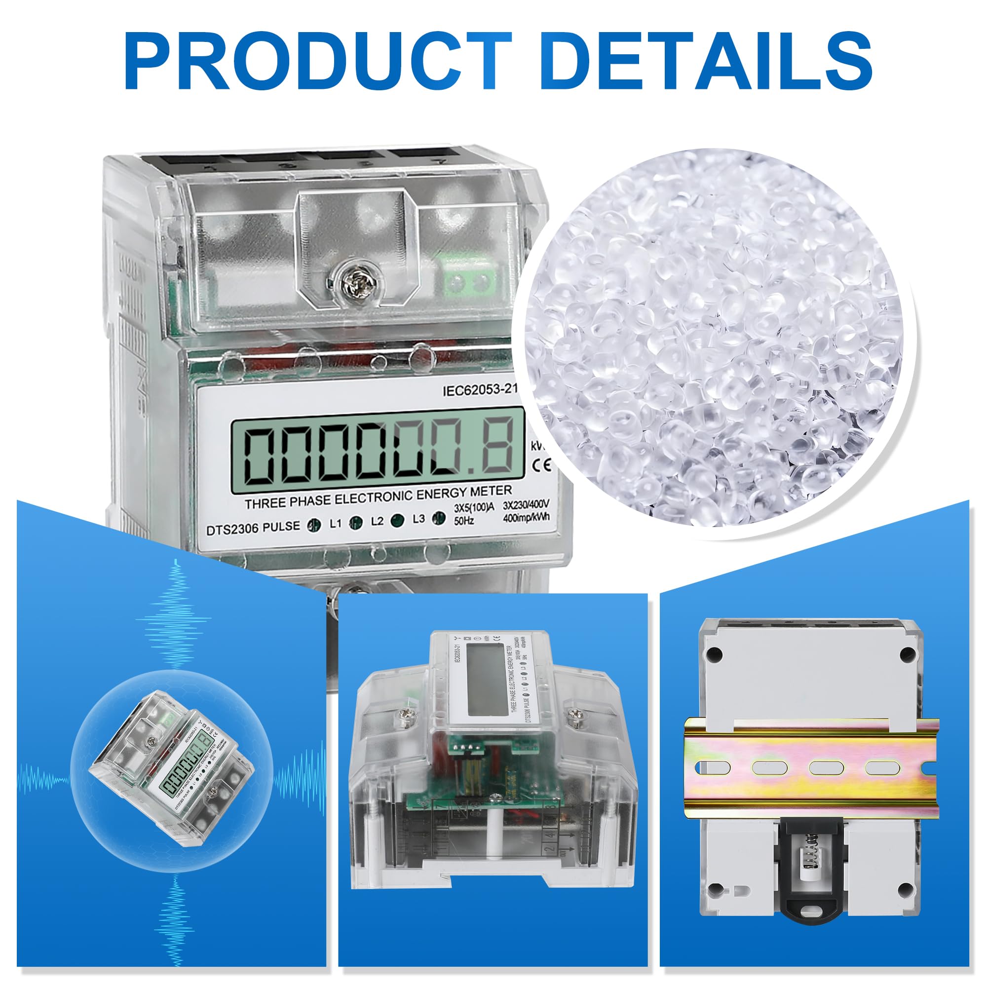 Contador de Corriente 3 Fases, Contador de Torsión 5-100A, Contador de Energía DIN 6+1 Puestos, 230/400V Contador Bidireccional Digital KWh Con Salida de Impulso