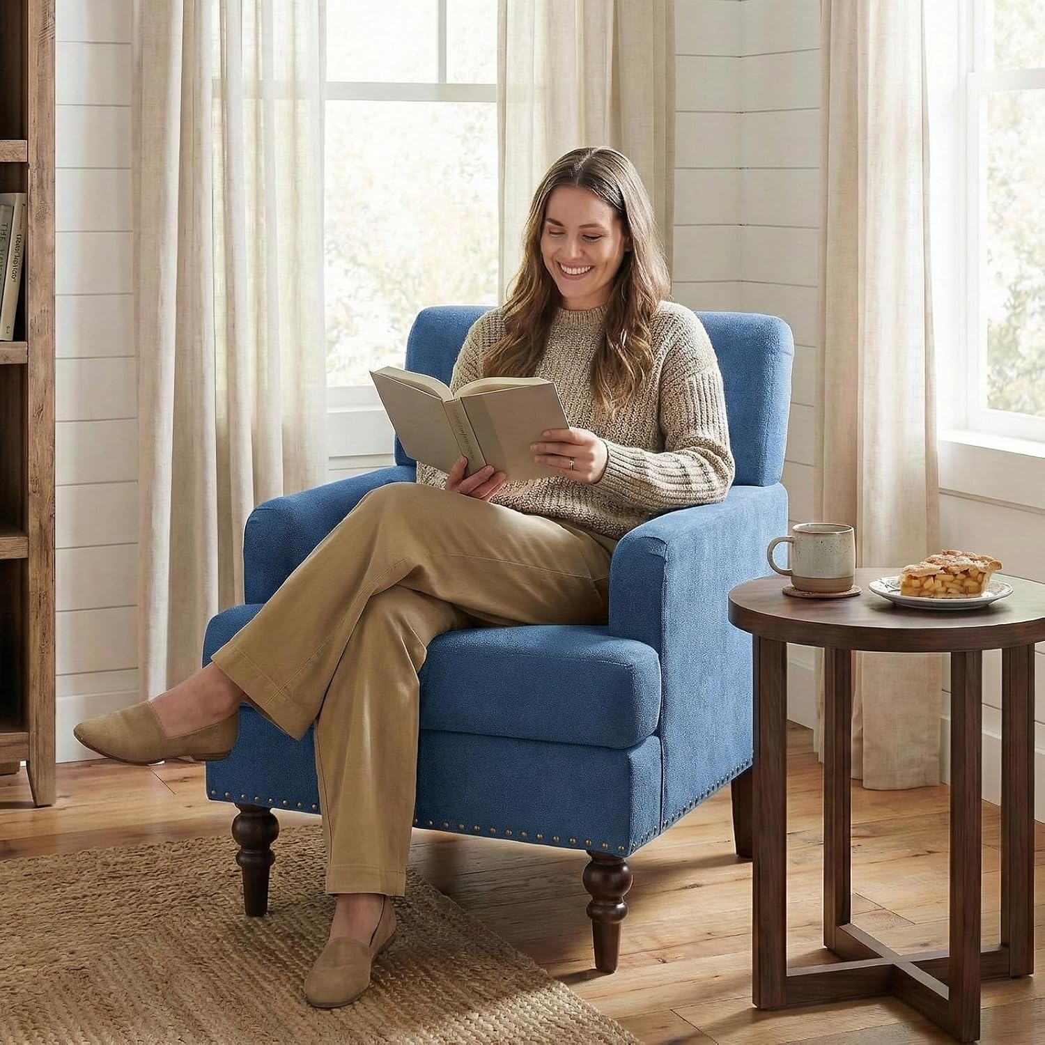 MALOL Upholstered Accent Chair with Thick Cushion, High Back Reading Chair, Linen Blend Armchair with Solid Rubberwood Legs for Living Room, Bedroom, Reading Nook, Apartment & Small Spaces,Blue