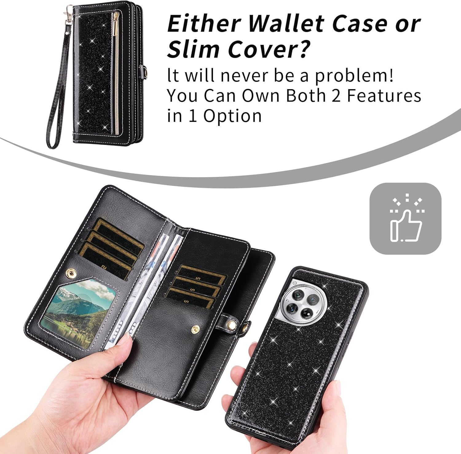 Asuwish Compatible with OnePlus 12 5G Wallet Case and Tempered Glass Screen Protector Glitter Leather Flip Cover Zipper Card Holder Stand Cell Accessories Phone Cases for One+ 1plus12 2024 Women Black