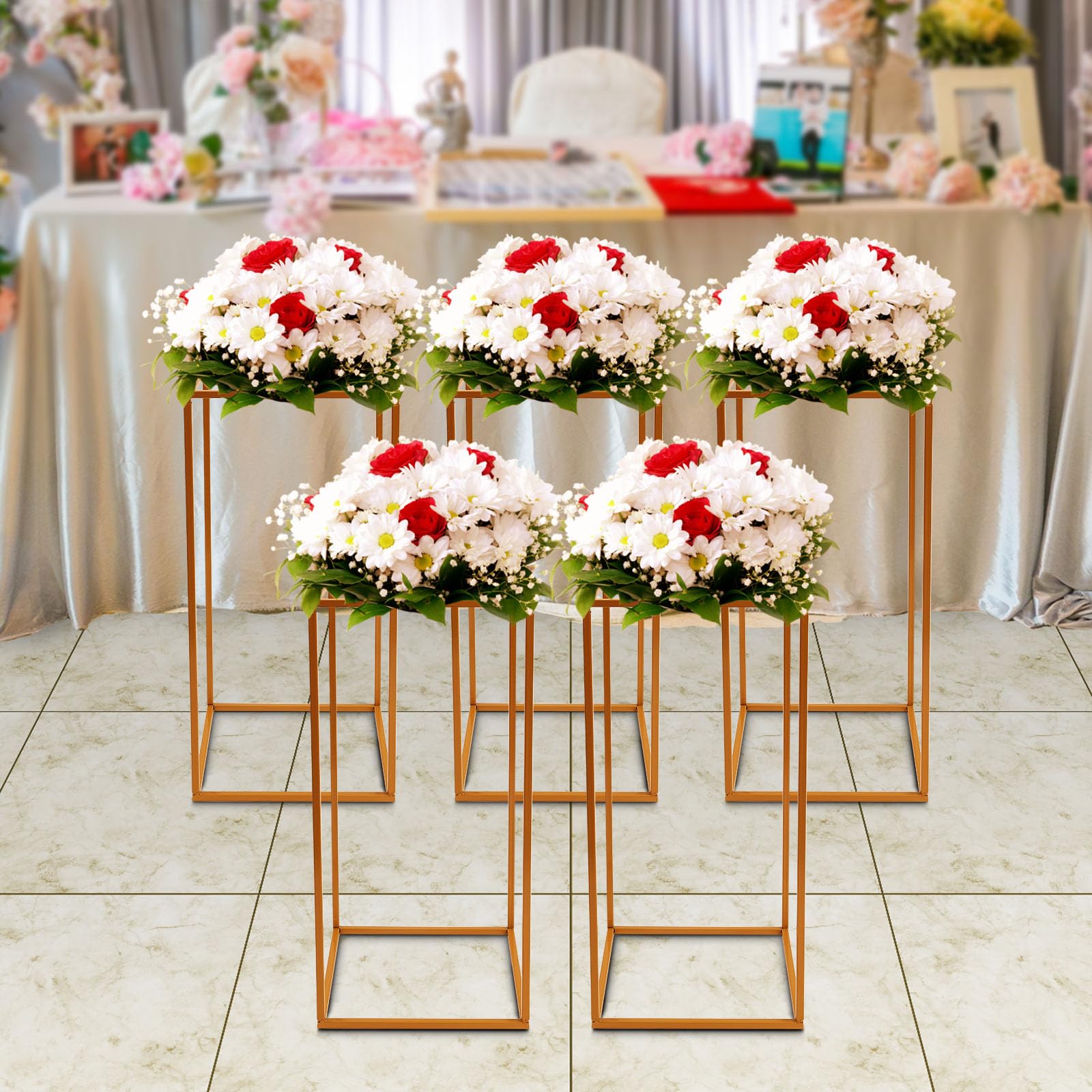 Soporte para flores dorado, centros de mesa de boda, jarrones de 60 cm para decoración de mesa, 5 jarrones altos de metal, jarrón de suelo, columna, centro geométrico para bodas, decoración de fiestas