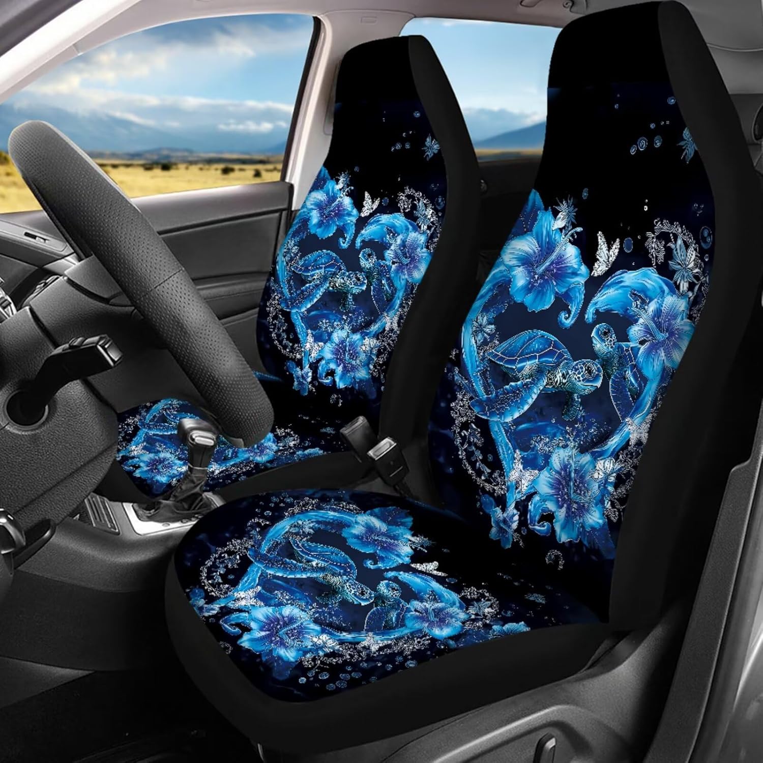 Blue Ssea Turtle Car Aaccessories Full Set of 14 Pcs,Sea Turtle Car Seat Covers Set with Rear View Mirror Cover,Steering Wheel Covers,Car Trash Can with Lid for Women Man,Universal Fit