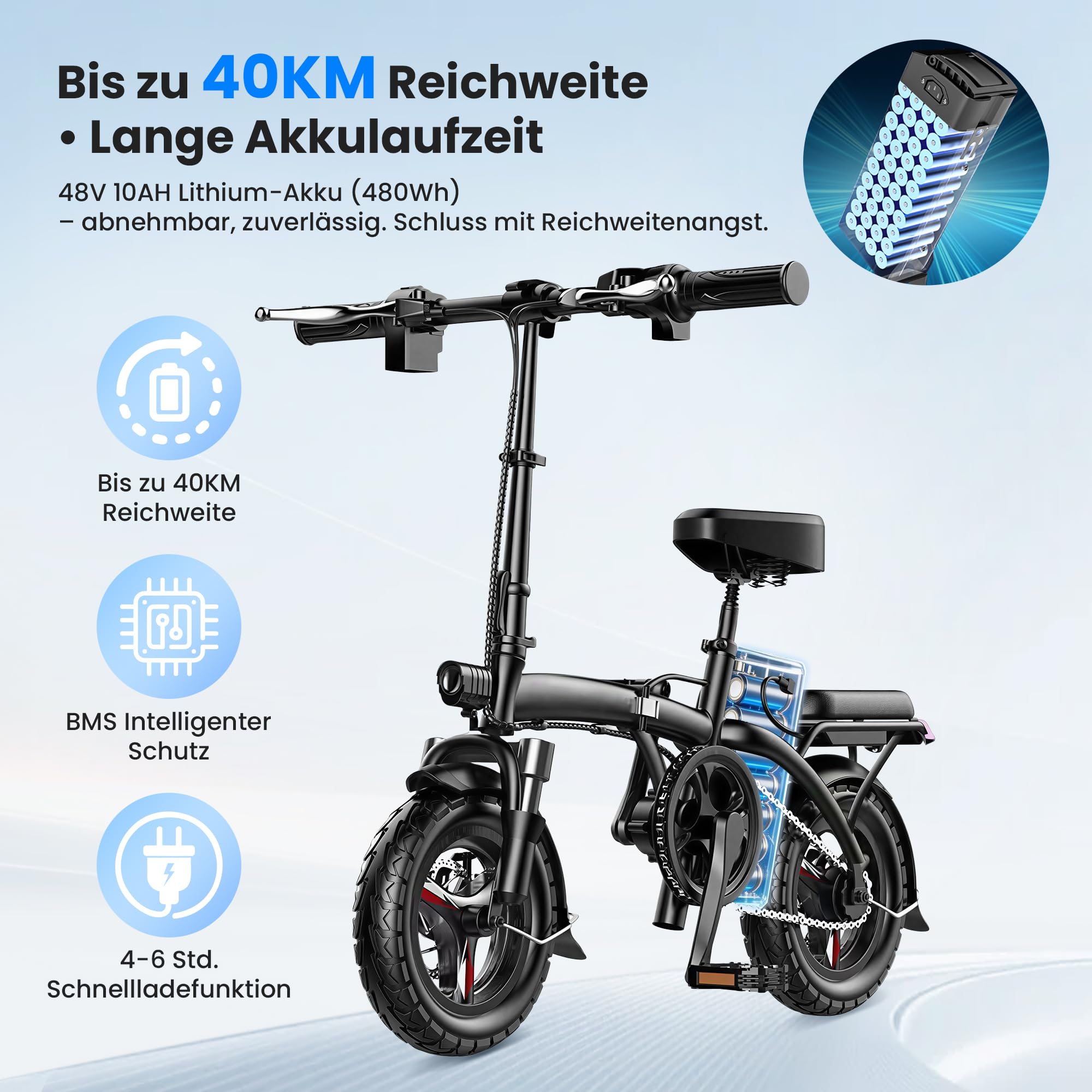 E Bike mit bis zu 40 km Reichweite,14 Zoll E Bike Elektrofahrräder mit Federung, LED-Licht für Stadtpendler & Scheibenbremsen