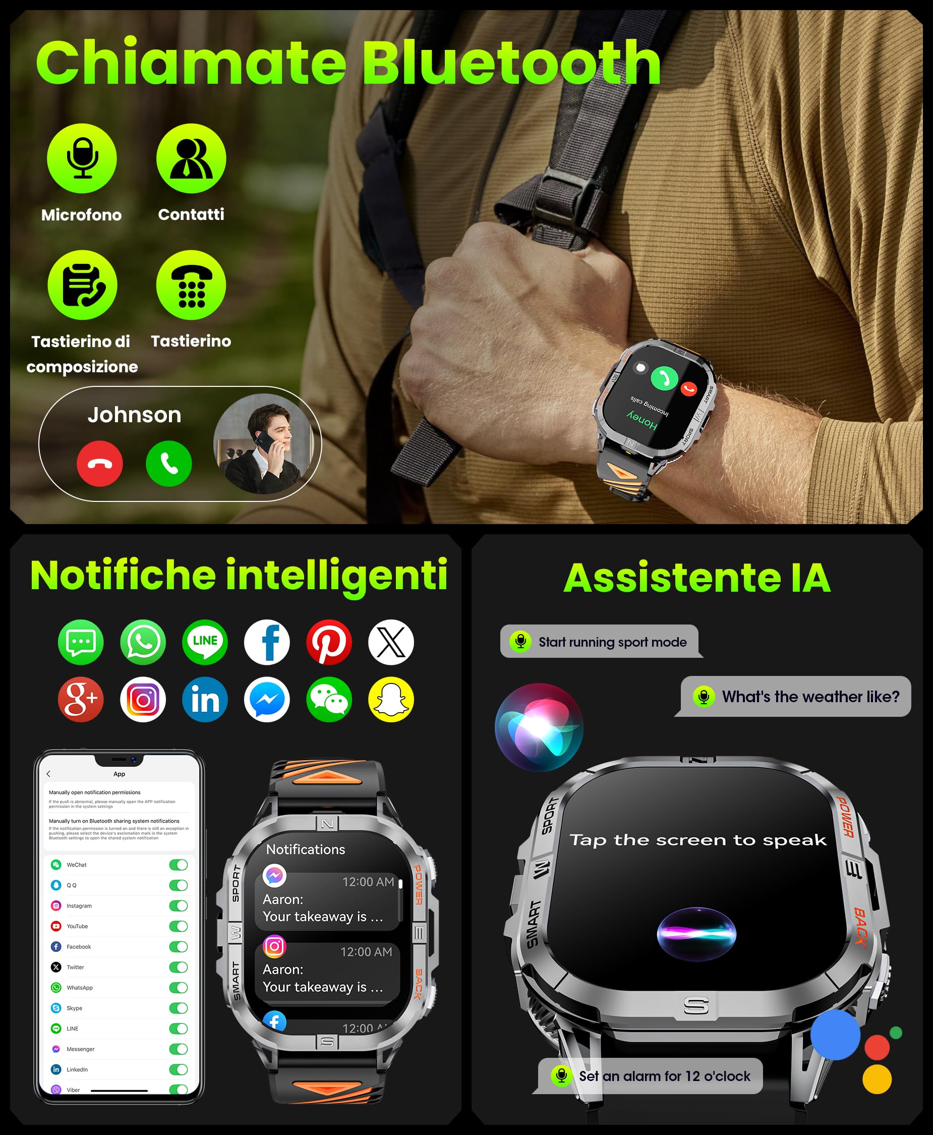GPS Smartwatch Uomo, 2,13" AMOLED Militare Orologio con LED Torcia, Bussola,100+ Modalità Sportive, Monitoraggio della Salute, Chiamate Bluetooth per Android iOS (Nero)