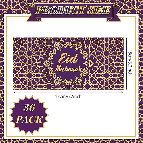 Vista 4 de Sinmoe 36 sobres de dinero Eid Mubarak a granel de 6.7 x 3.2 pulgadas, papel de aluminio dorado, tarjeta de regalo, juego de sobres de efectivo