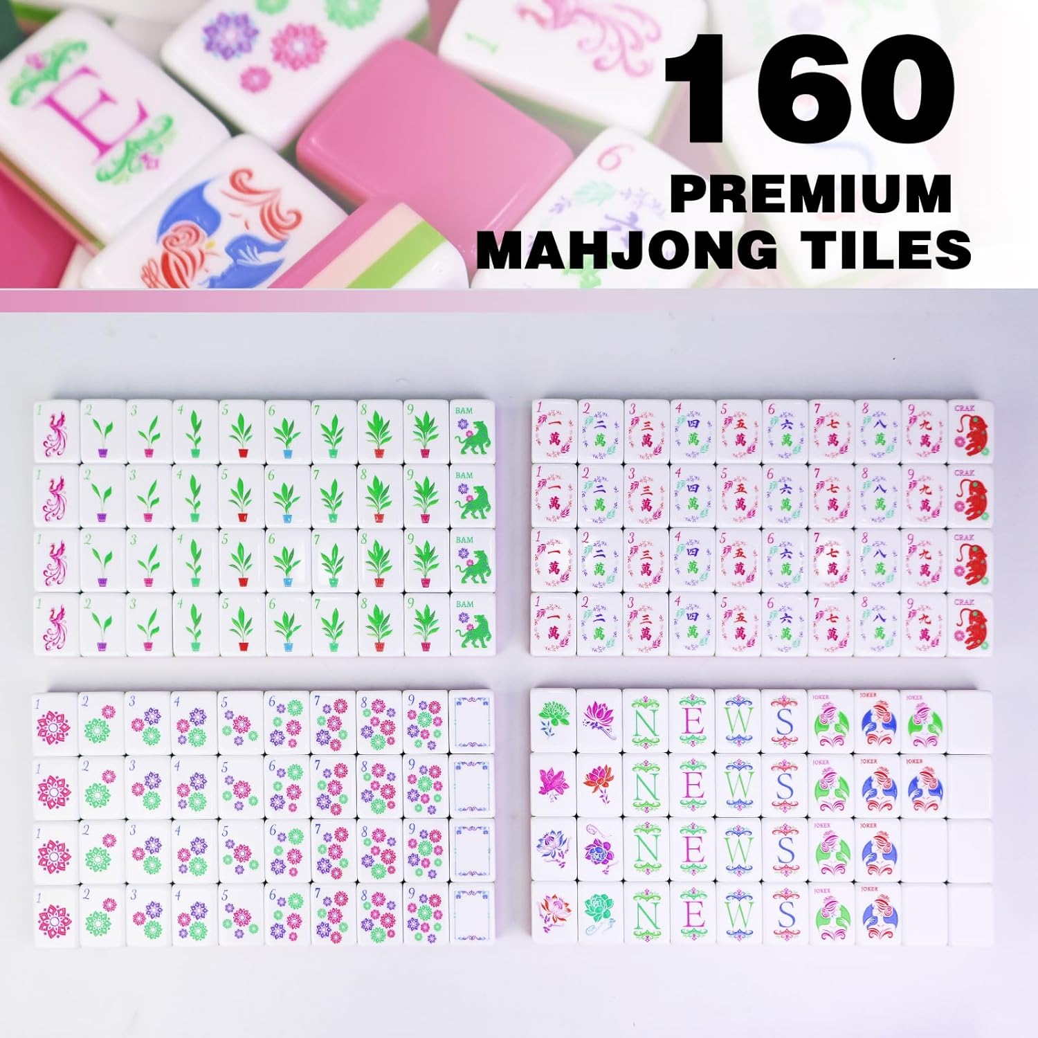 American Mahjong Game Set, Portable Carrying Bag,Acrylic 160 Tiles,Western Mahjong Tiles Set,Complete Ma Jong Set (Pink)