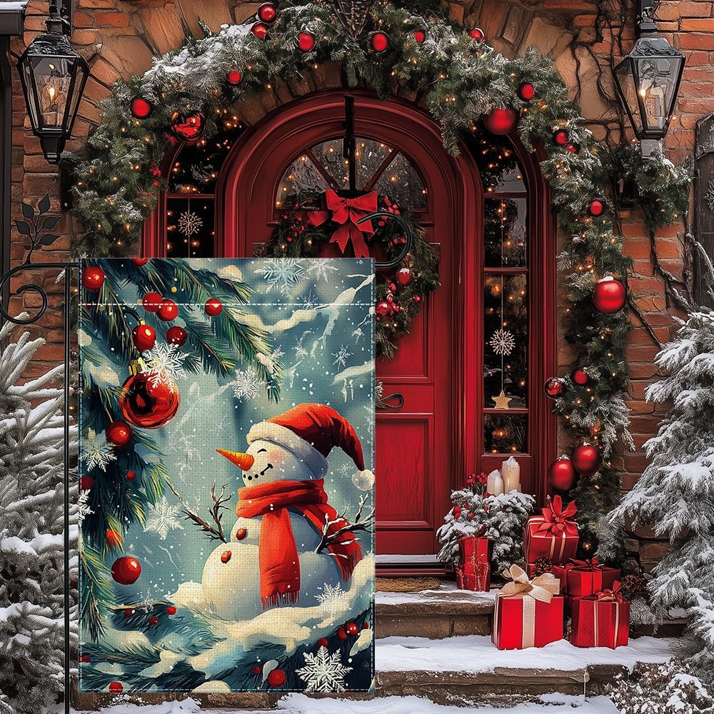 Winter Snowman Snowflake Christmas Garden Flag for Outside, Xmas Ball Welcome Yard Flag 12x18 Inch Double Sided Burlap Holiday Farmhouse Outdoor Flag Home Decoration - Image 5