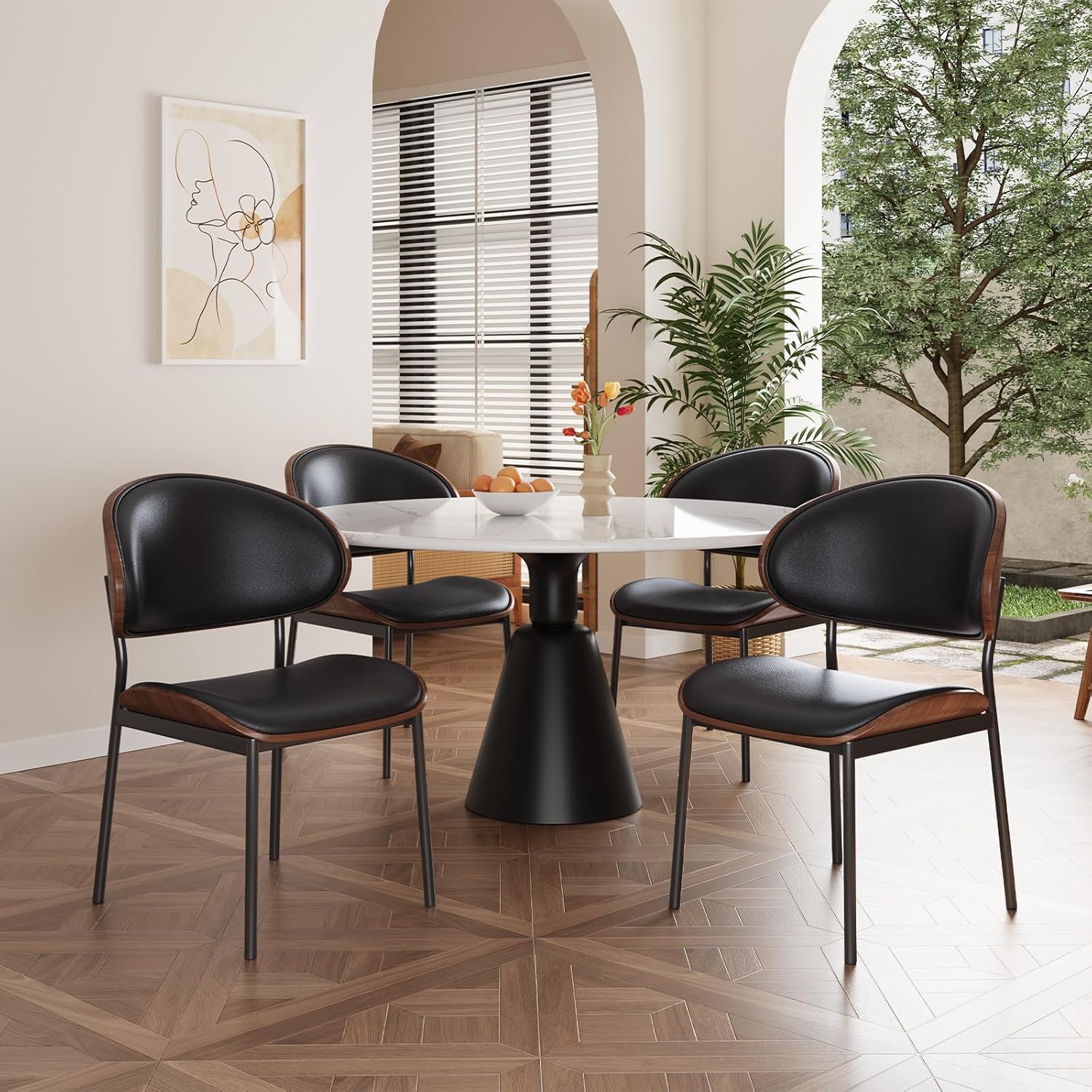 Dining Chairs Set of 4, Mid Century Modern Upholstered Dining Room Chairs, Faux Leather Kitchen Chairs with Curved Wooden Back and Metal Legs (Black)