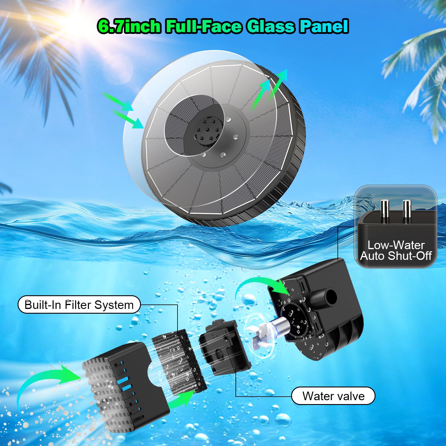 SZMP Fuente Solar Colorido Led, 3.5W Bomba de Agua Solar Vidrio, 3 Modos de Ajuste de Altura de Agua, 2000mAh Batería, 7 Boquillas & Varillas Giratorias Fuente para Estanque para Jardín (Negro)