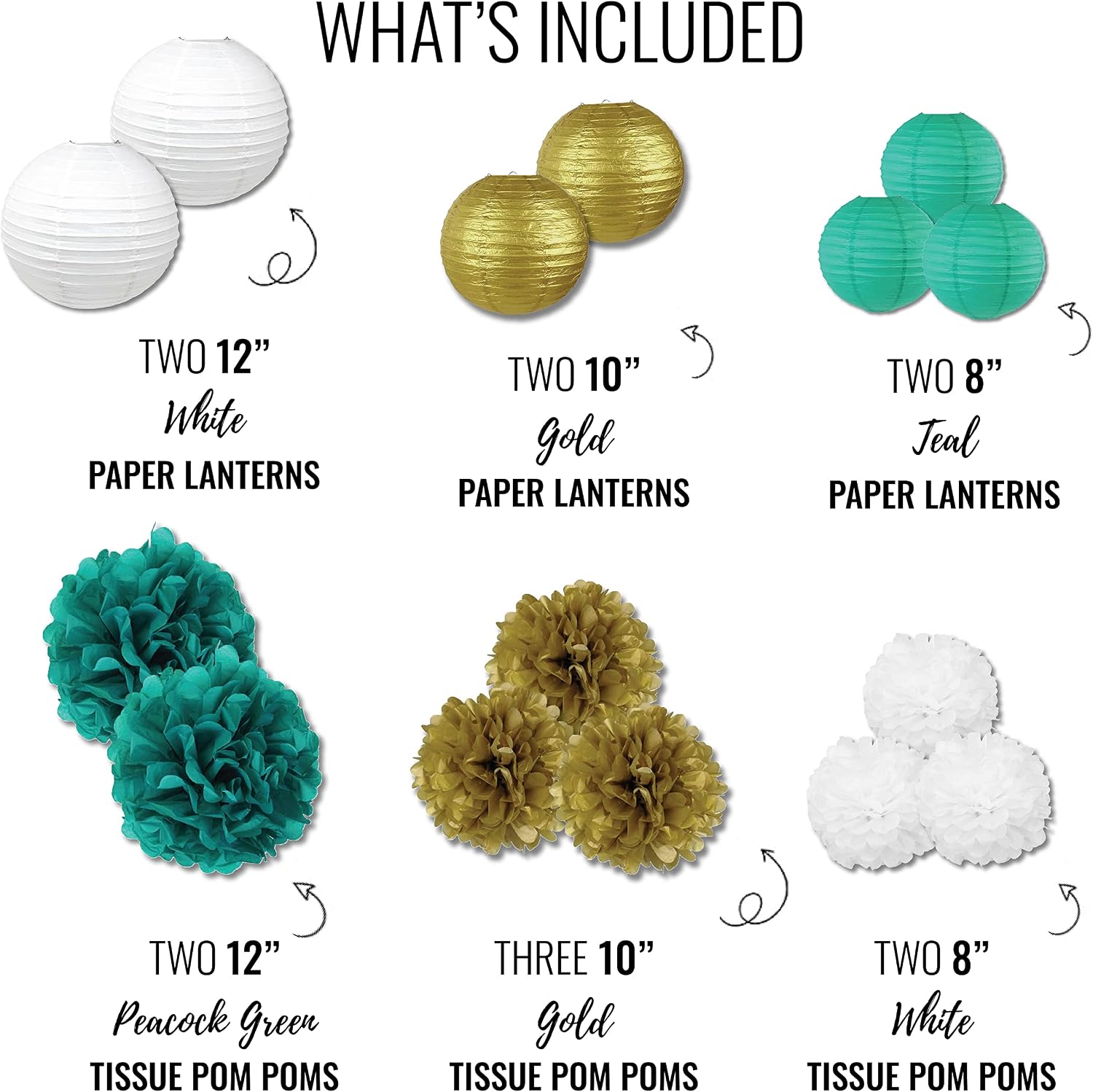 Just Artifacts Decorative Paper Party Pack (15pcs) Paper Lanterns and Pom Pom Balls - Teal/White/Gold