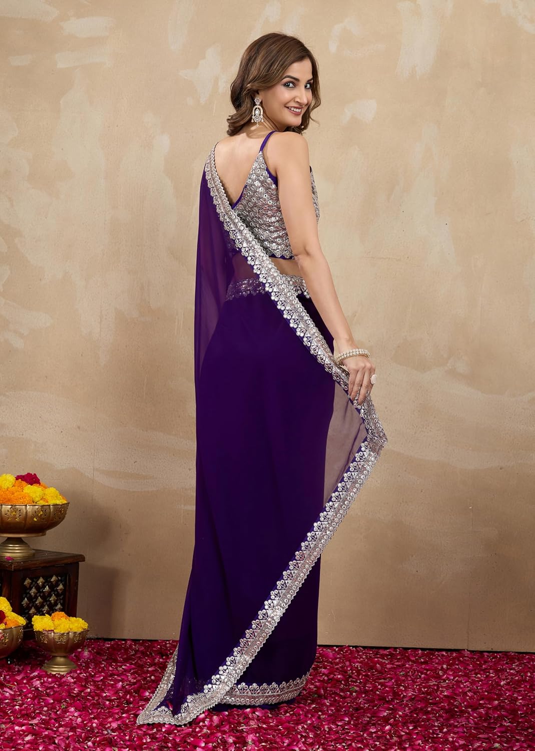 TRENDMALLS Women's Georgette Embroidery Sequin Work Saree with Unstitch Blouse Piece (K1139-Purple Silver)