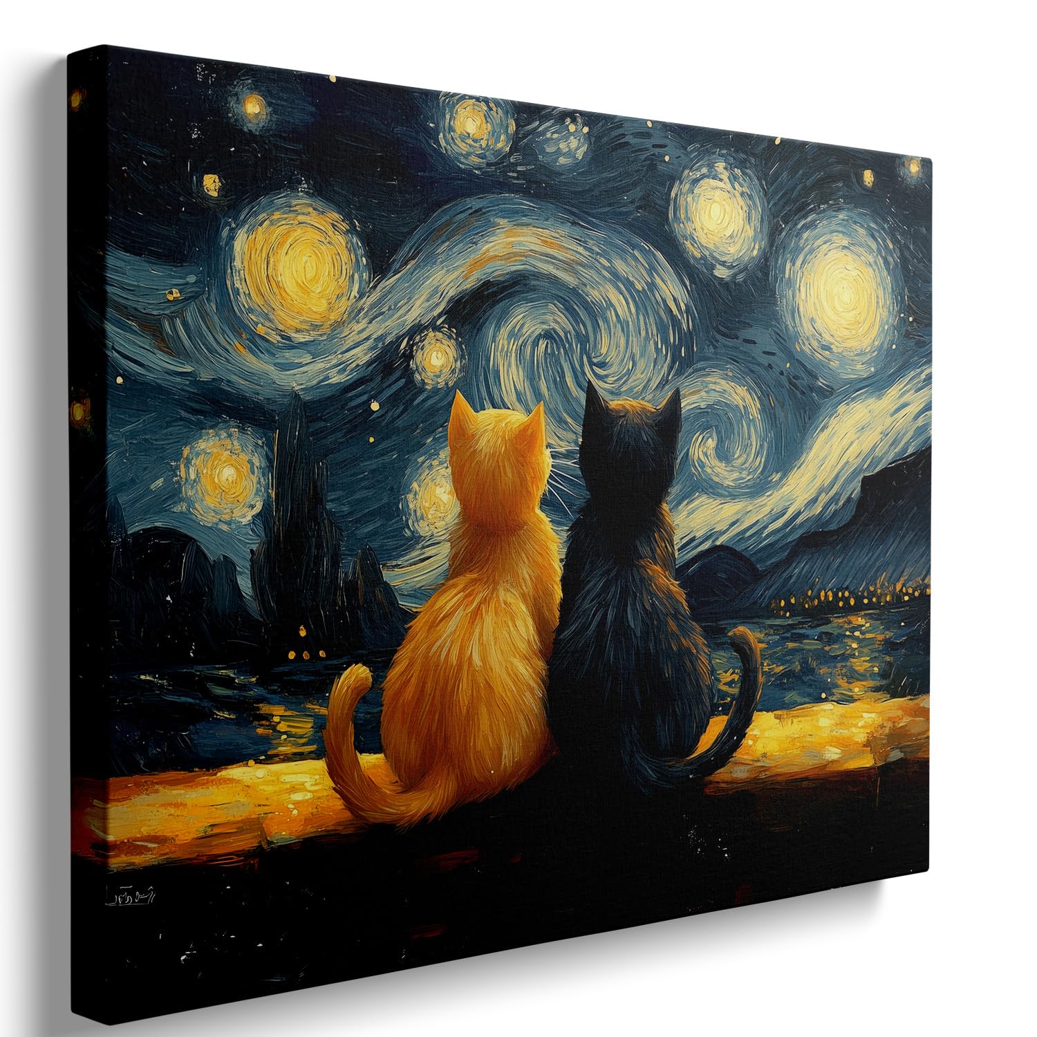 Ypxzzj Van Gogh Starry Night With Cats Canvas Wall Art,Night Starry Pictures Paintings Wall Decor, Animal Cat Artworks for Bedroom Living Room Wall