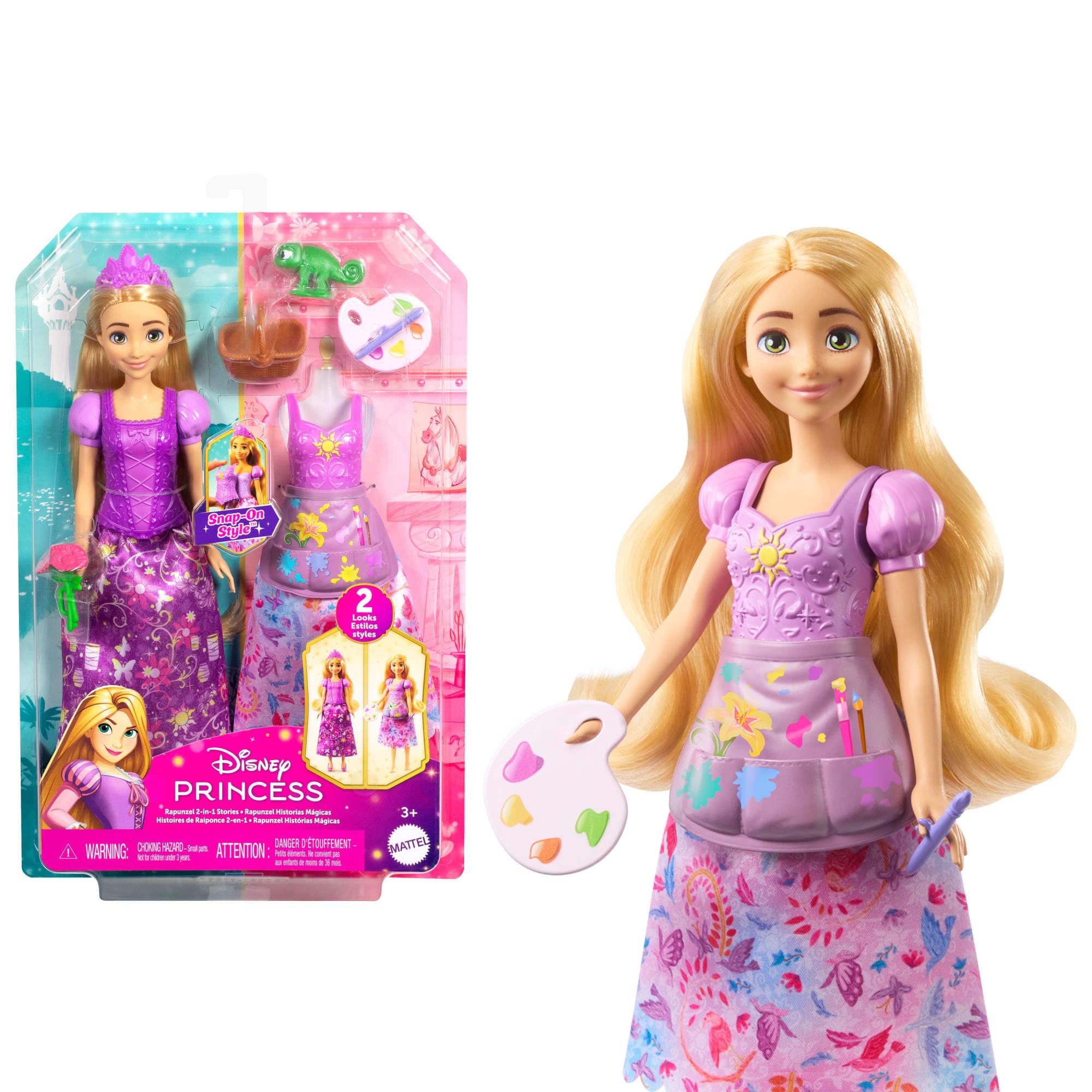 Mattel Disney Princess Toys, Rapunzel Fashion Doll with 2 Looks, 9 Accessories, 2 Snap-On Bodices & 2 Skirts, 2-in-1 Stories Inspired by Disney Tangled