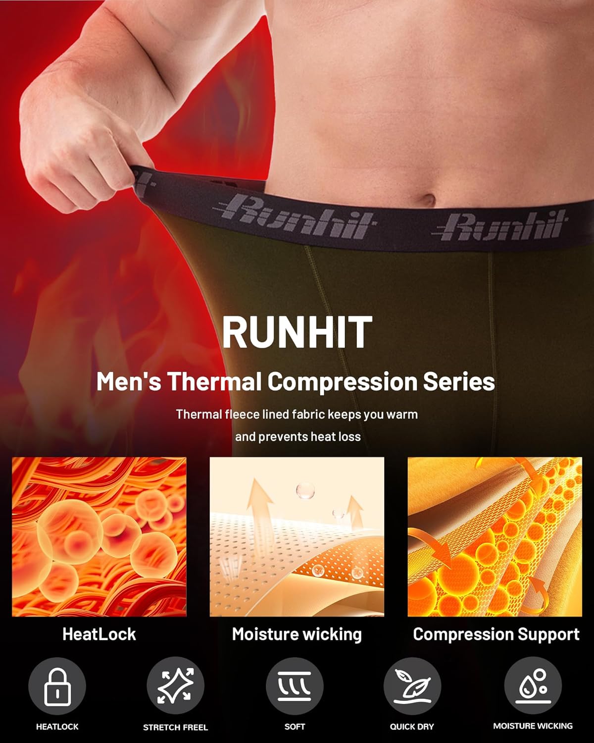 Runhit Men's Thermal Compression Pants with Pockets Base Layer for Cold Weather Wintergear Sports Running Leggings Tights - Image 5