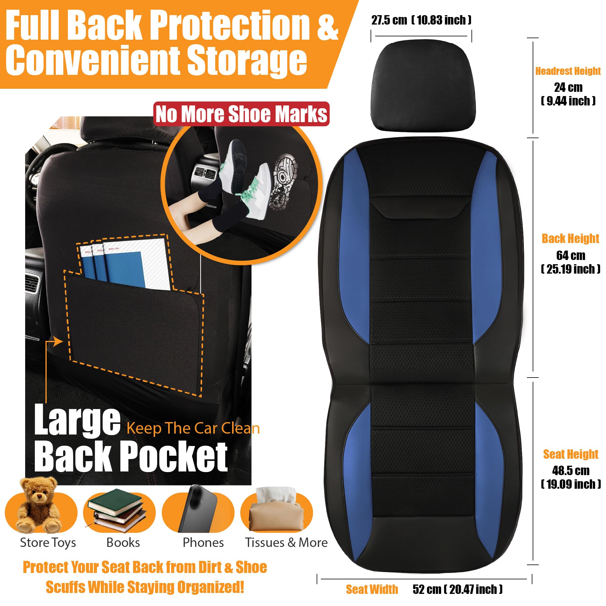 kingphenix 2er-Pack Vordersitzbezüge aus Memory-Schaumleder, Atmungsaktives 4D-Mesh, Airbag- kompatibel, Universelle Passform für Autos, LKWs, Transporter, SUV – Blau