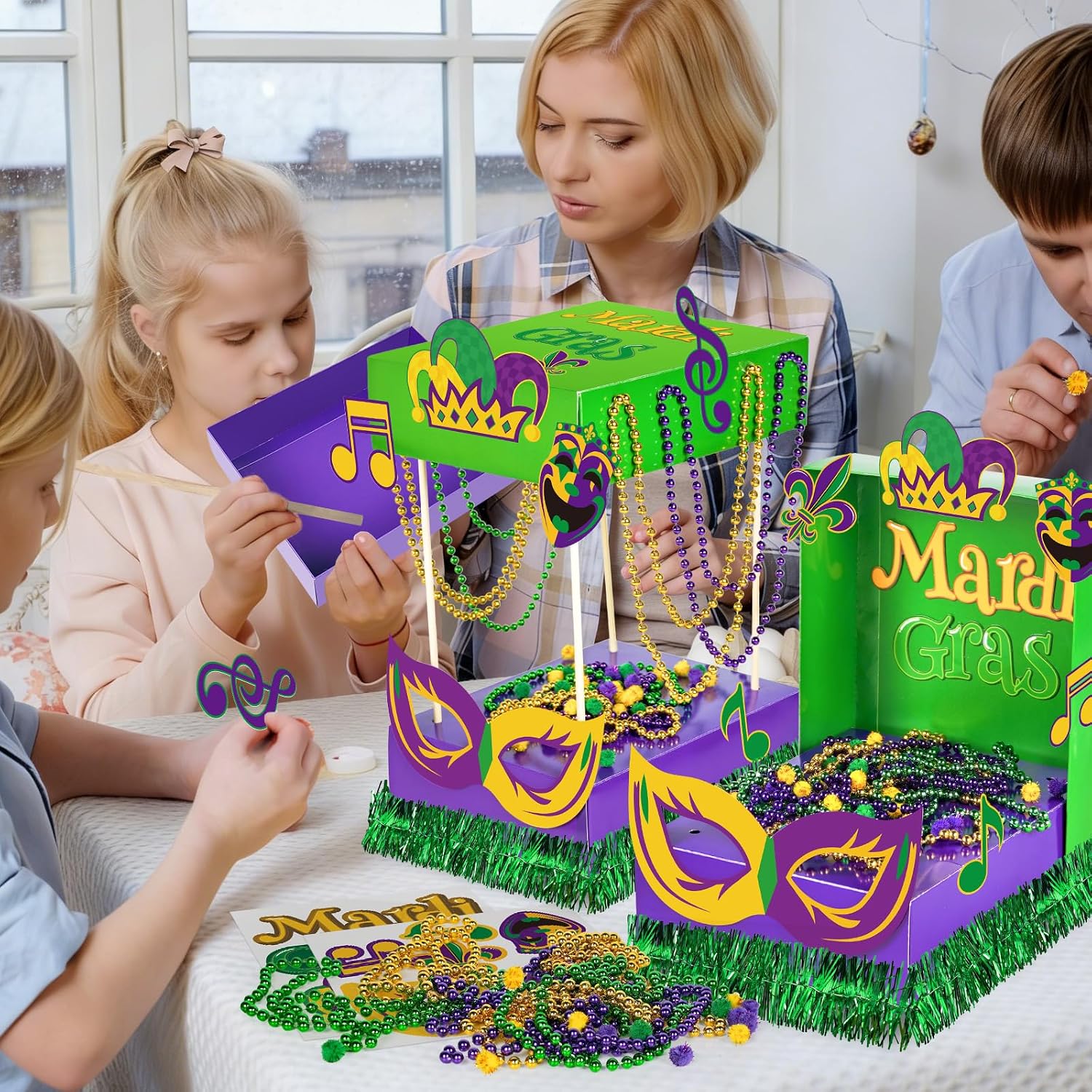 Cinrobiye Mardi Carnival Party Table Float Decoration DIY Mini Float Centerpiece with Beads New Orleans Table Topper Decor for Home School Carnival Masquerade Parade Party DIY Crafts Project Supplies