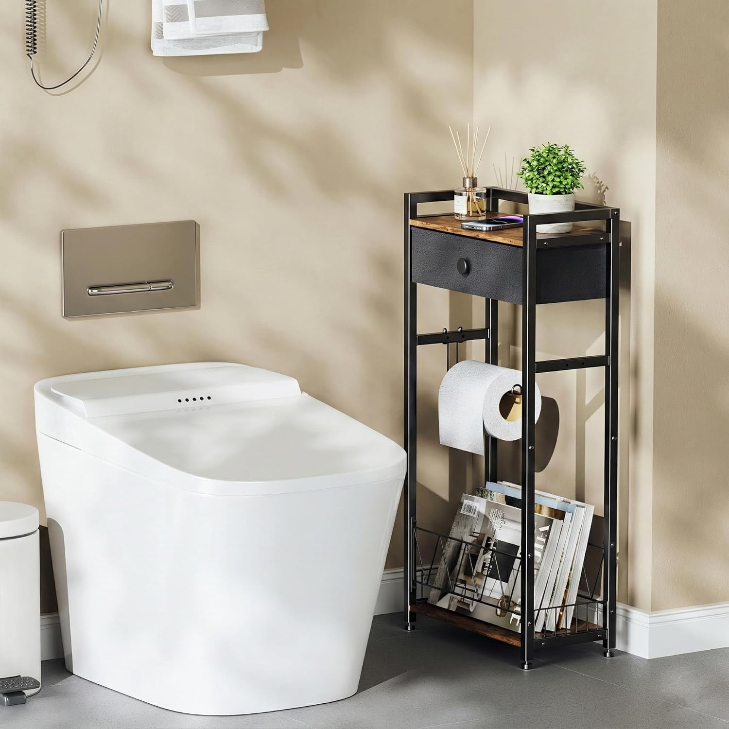 Freestanding Toilet Paper Holder Stand with Storage Drawer, Narrow Bathroom Shelf, Spare Roll Basket, 4-Way Install Paper Arm, Space-Saving Rack for Apartments & RVs (Brown)