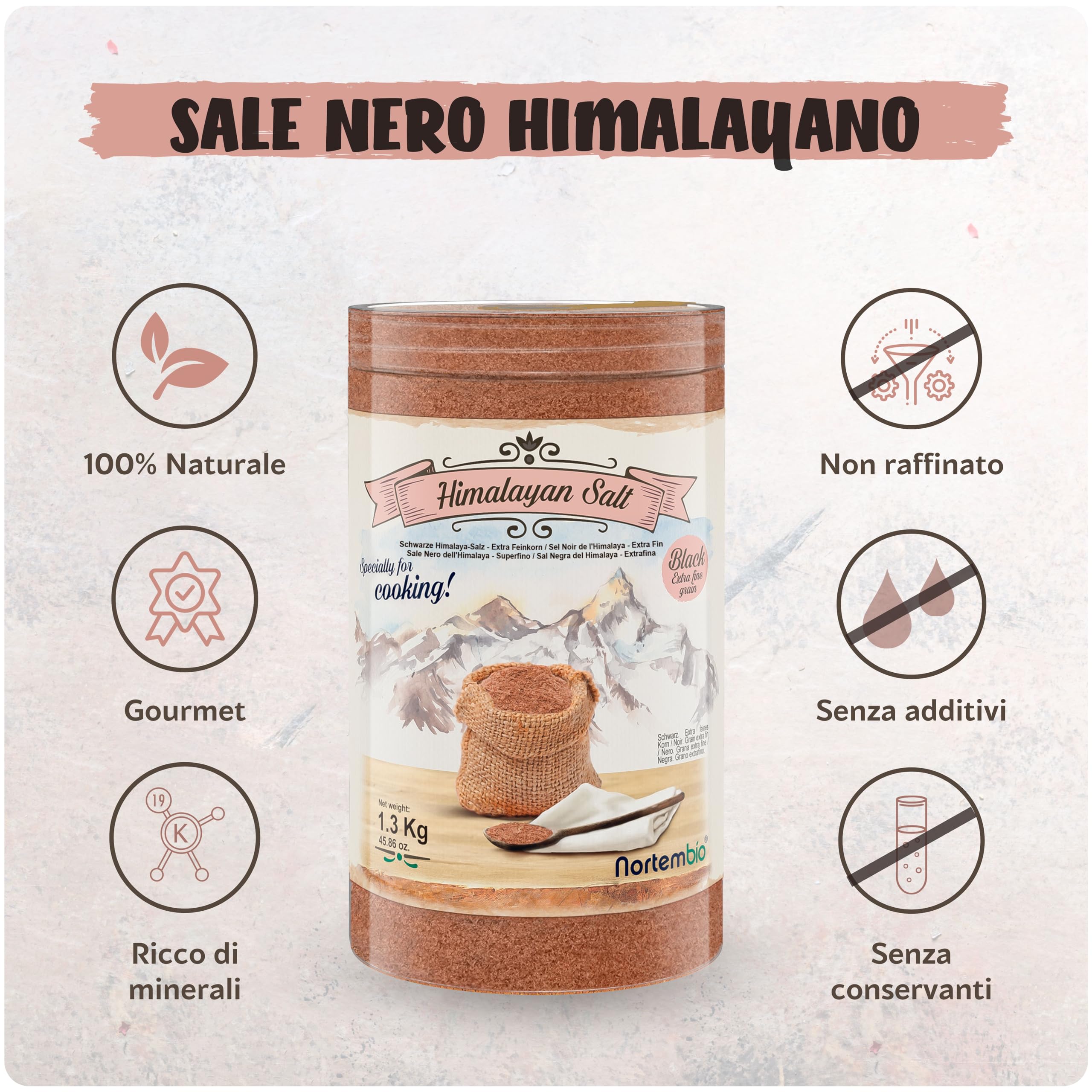 Nortembio Sale Nero dell'Himalaya 1,3 Kg. Extra fine (0,5-1 mm). Kala Namak. Sale Gourmet 100% Naturale. Sapore Caratteristico di Uovo. Cucina Vegana. Non raffinato. Senza conservanti.Punjab Pakistan.