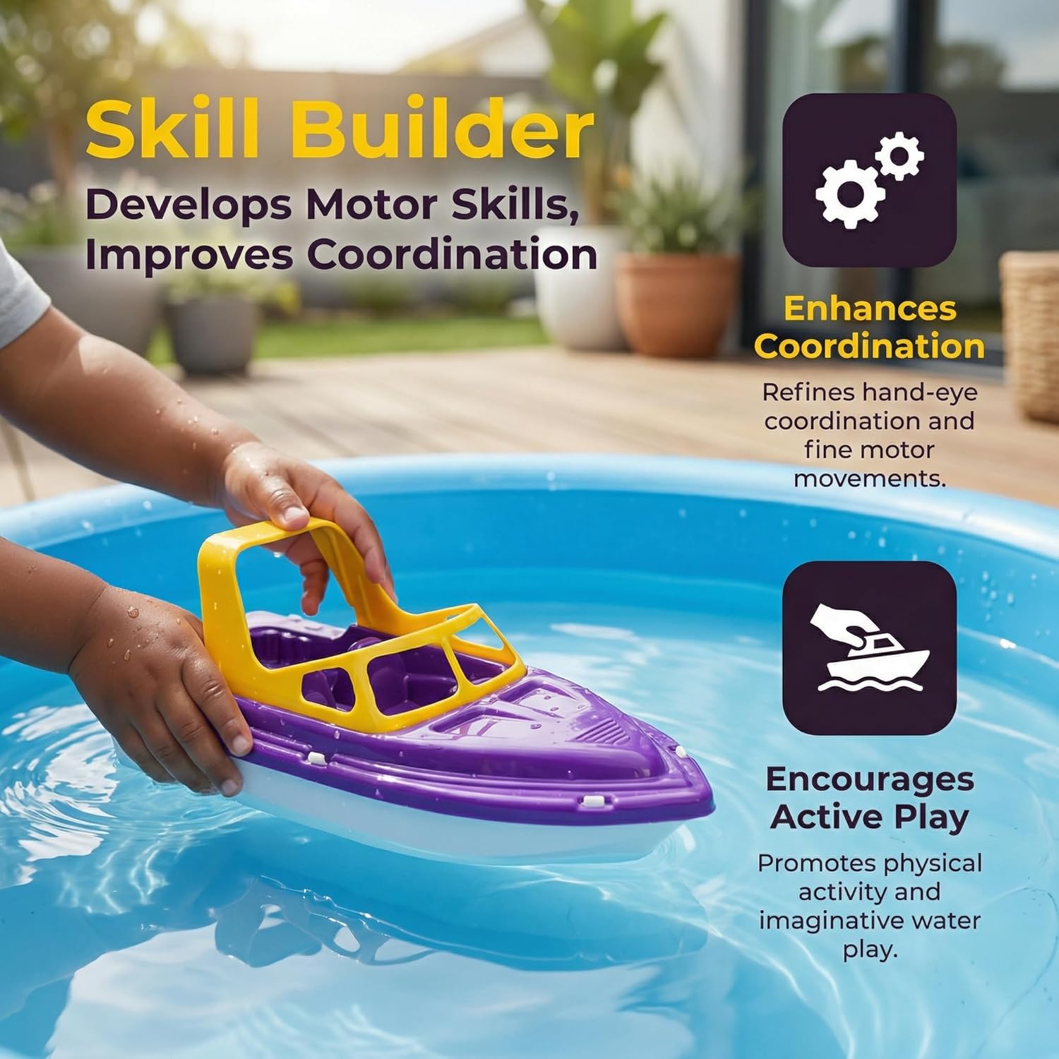 Floating Toy Boat for Bathtub & Pool - 11" Plastic Toddler Tub Toy with Non-Scratch Color Learning Sensory Water Play for Kids Babies, No Batteries (Purple)