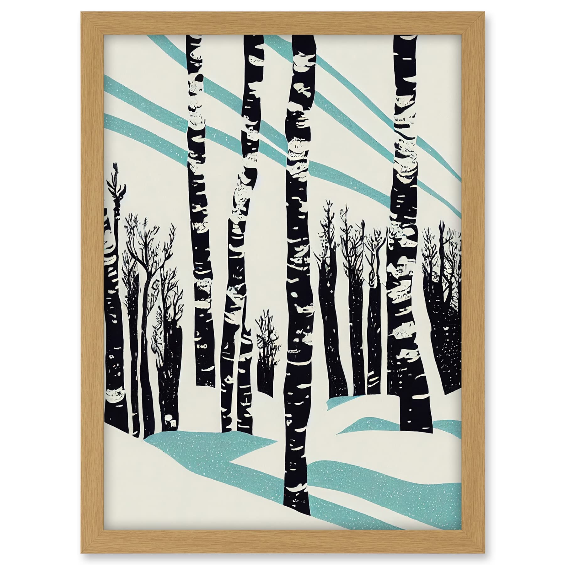 Wee Blue Coo Modern Birch Tree Forest in Winter Modern Stencil Design Monochrome and Teal Artwork Framed A3 Wall Art Print