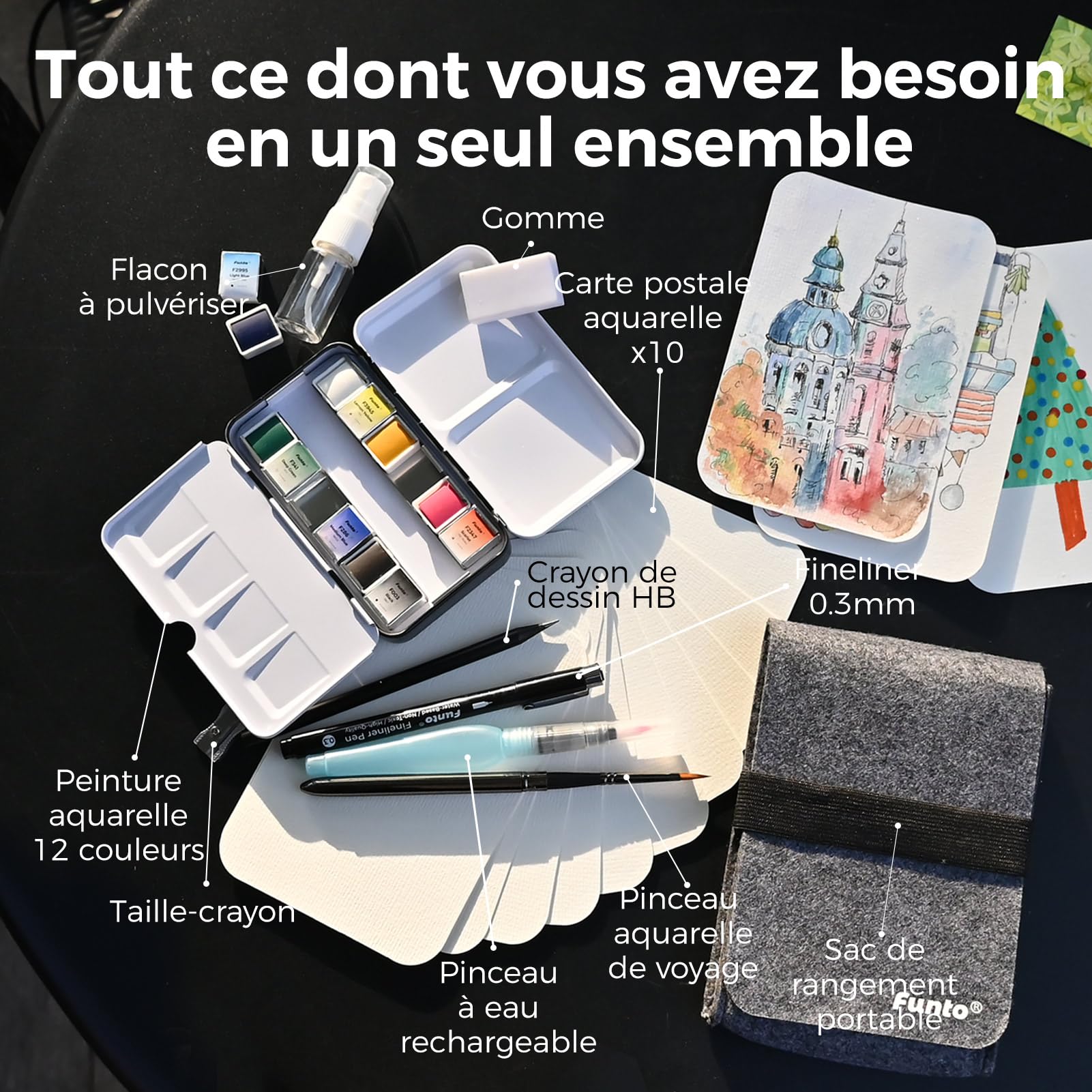 Set de voyage à l'aquarelle Funto 12 couleurs, 10 cartes postales, pinceau, stylo, crayon pour adultes