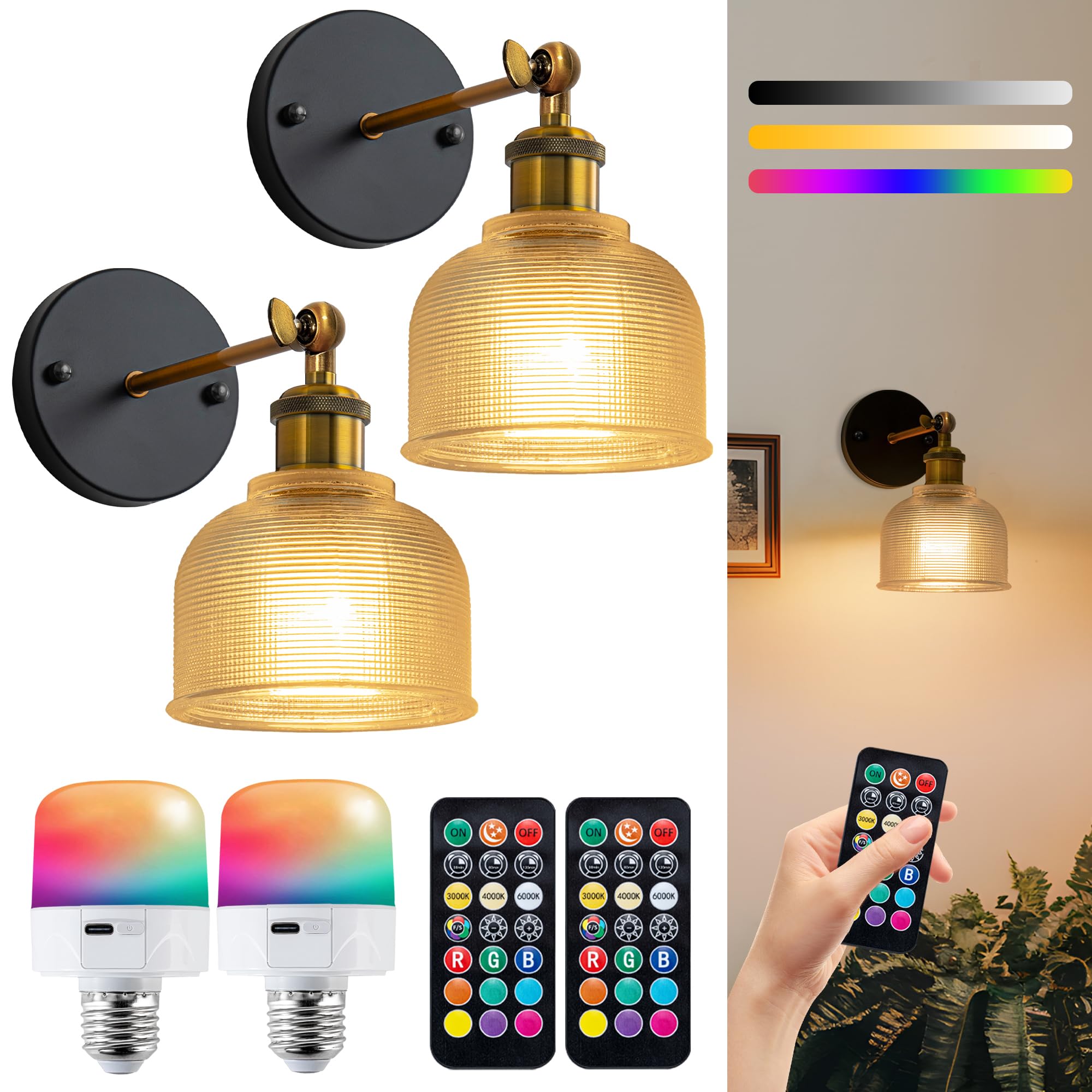 Appliques Murales Sans Fil Rechargeables – Lot De 2, Avec Télécommande, RGBW, 5000 MAh, Abat-jour Tissu, Pour Chambre Salon - 2