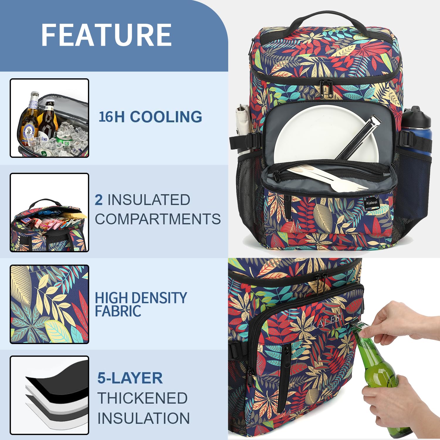 Kalesi Kühlrucksack 36 Dosen Leichter Isolierter Rucksack Kühler Auslaufsicher Reise Camping Mittagessen Rucksack Outdoor Besteck Rucksack für Damen und Herren