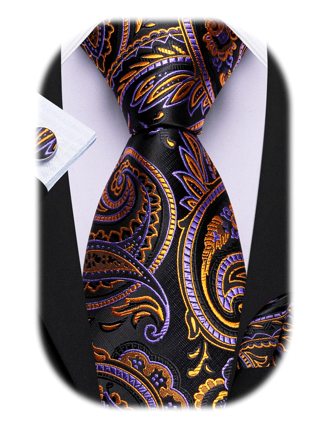 Barry.Wang Men Tie Sets Paisley Silk Necktie Pocket Square Cufflinks