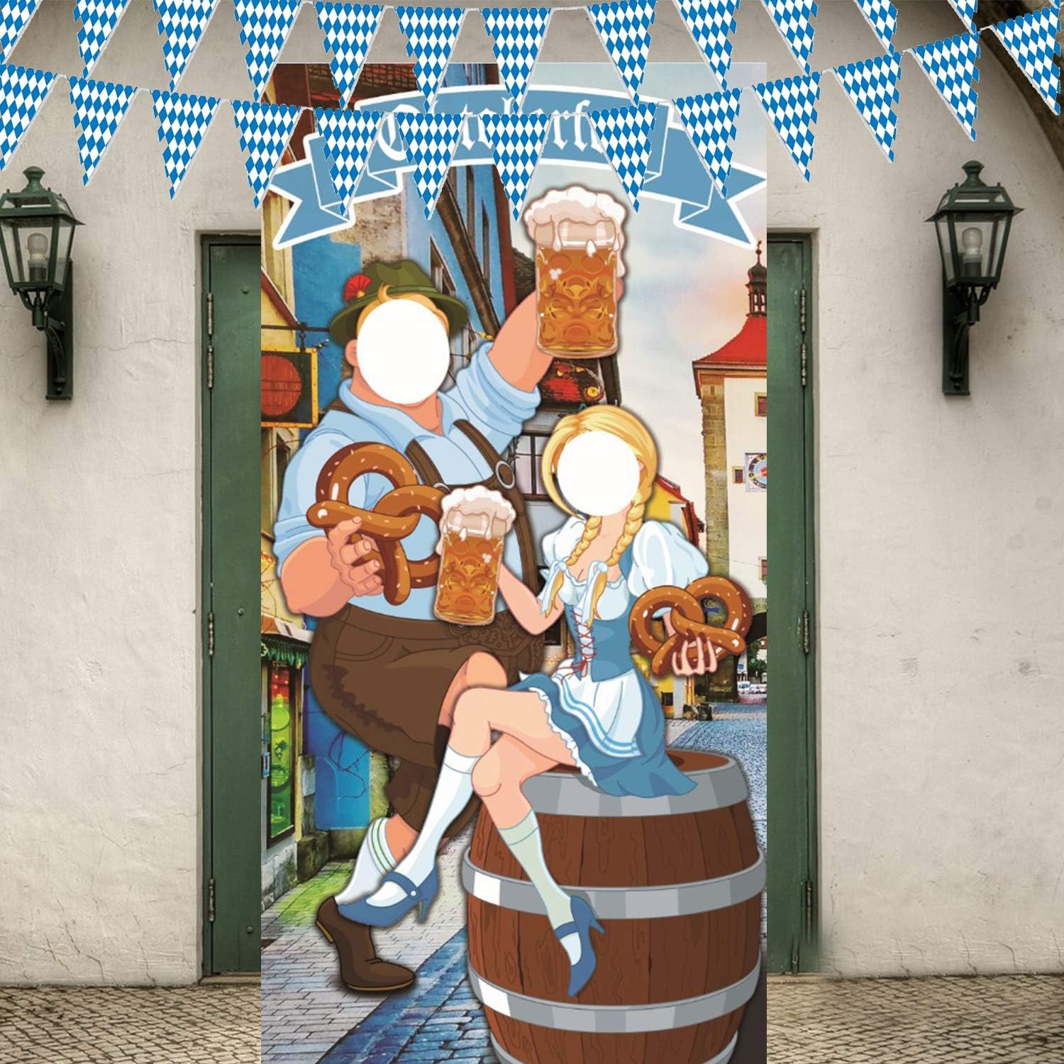 Iceyyyy Oktoberfest Photo Prop Set - 6 x 3.3ft Oktoberfest Photo Door Banner Backdrop Props and 22ft Oktoberfest Bavarian Flag Pennant Banner for German Oktoberfest Themed Party Decorations